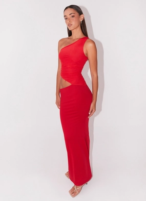 Relax Form Smooth Lines Seranella One Shoulder Maxi Dress - Cherry Red