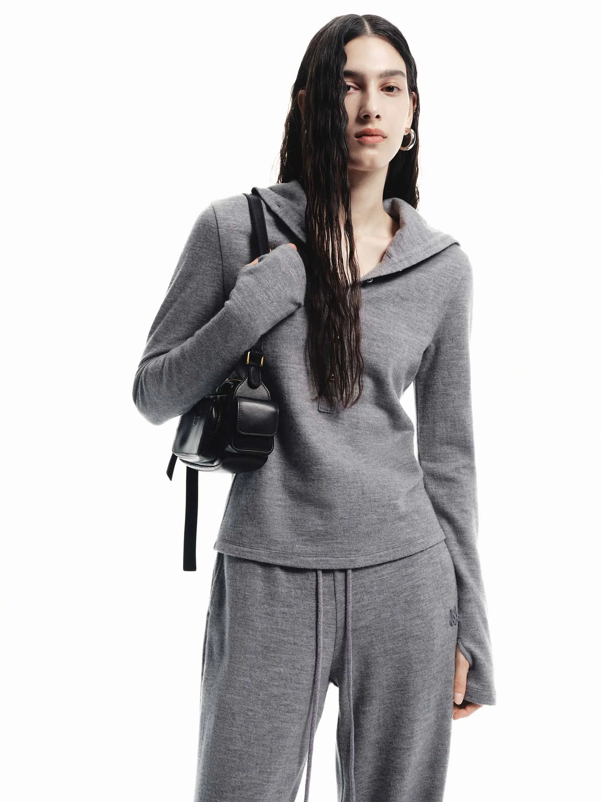 Half Button Wool Top Multi Layer Stitching