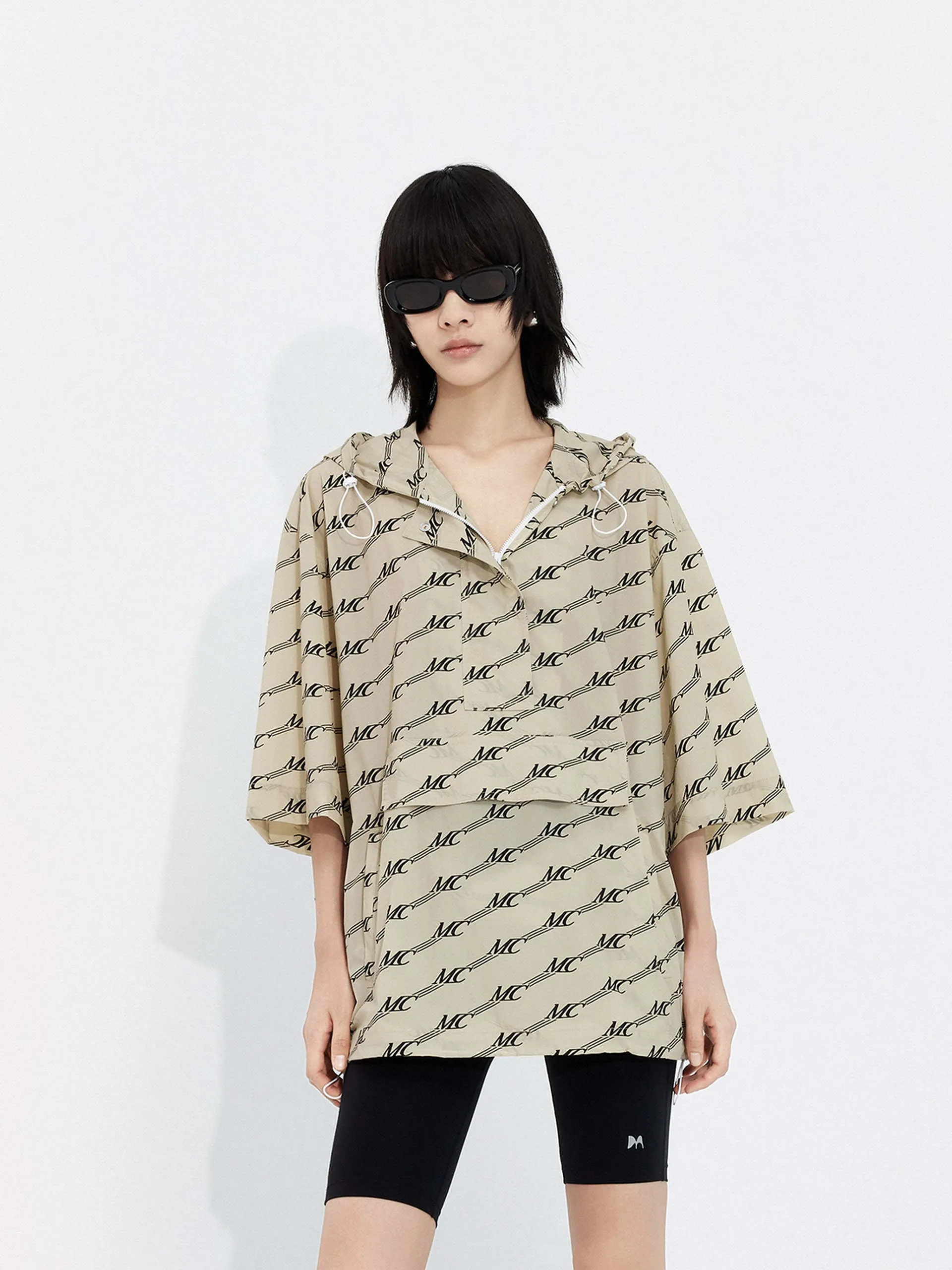 Monogram Print Hoodie Top Elegant Finish Vintage Wash