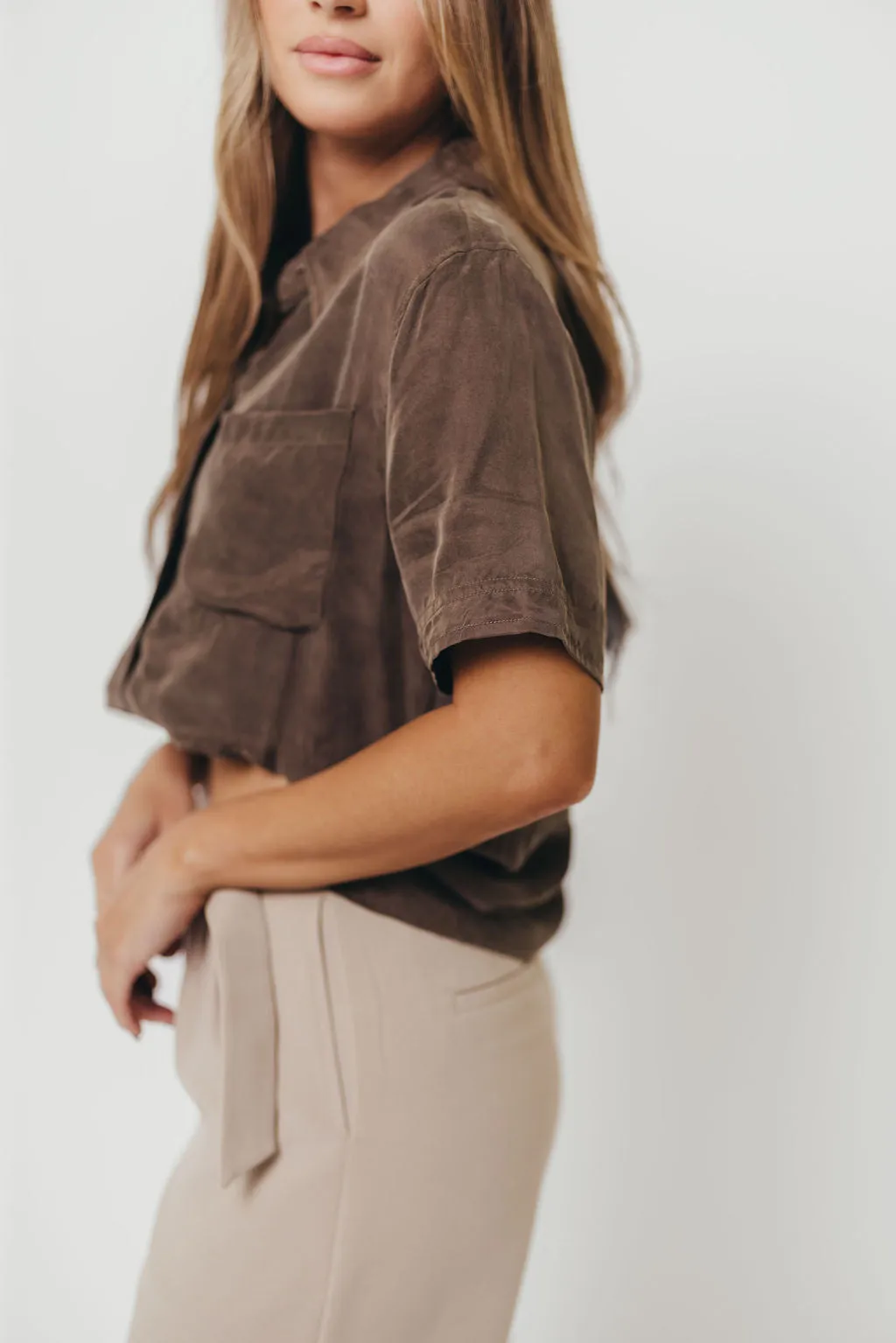 Luca Woven Modal Short Sleeve Button Up Top in Espresso Midweight Feel Soft Touch