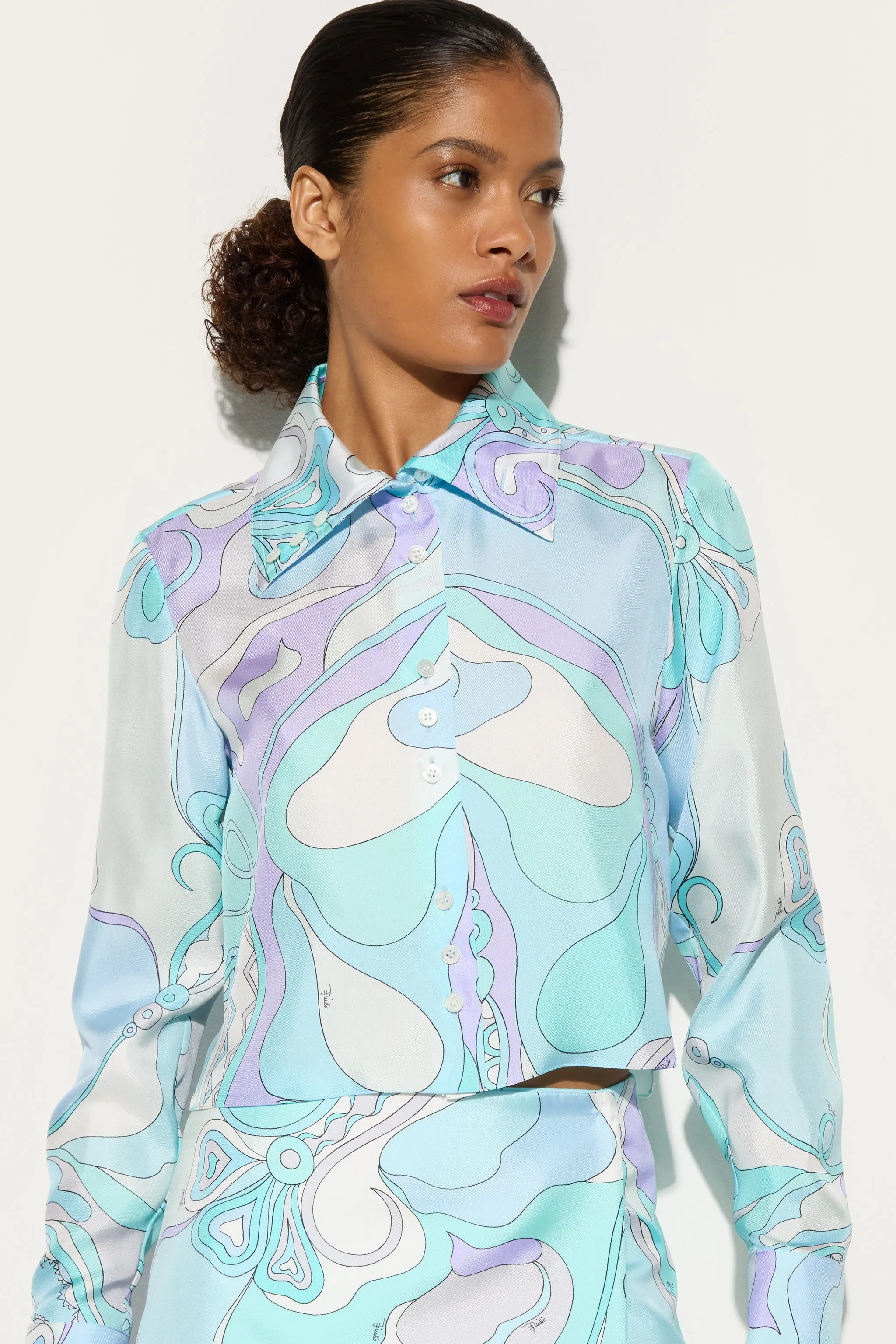 Fashion Statement Orchidee Print Cropped Silk Shirt