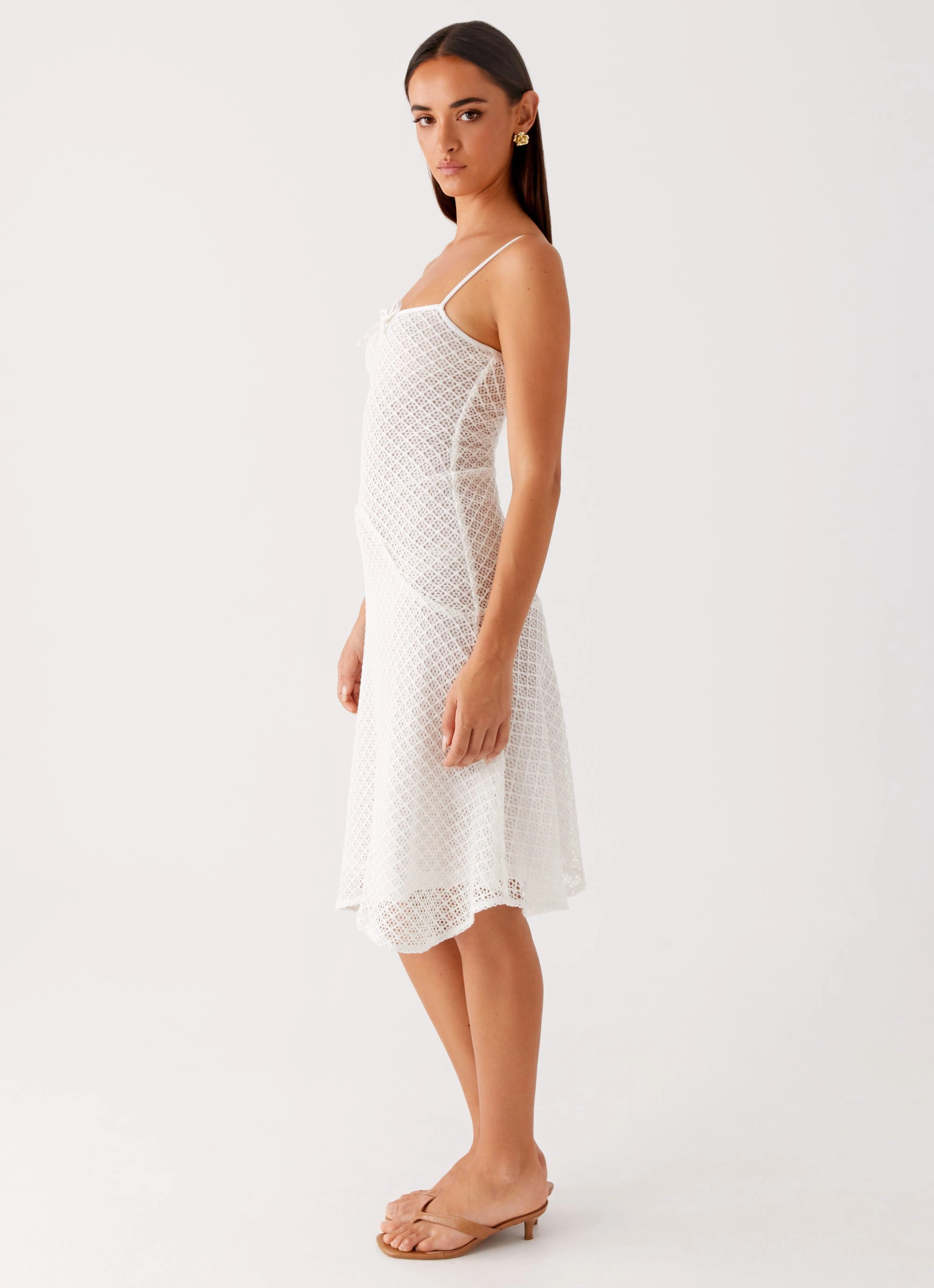 Soft Stitch Lace-Sleeve Tamar Midi Dress - White