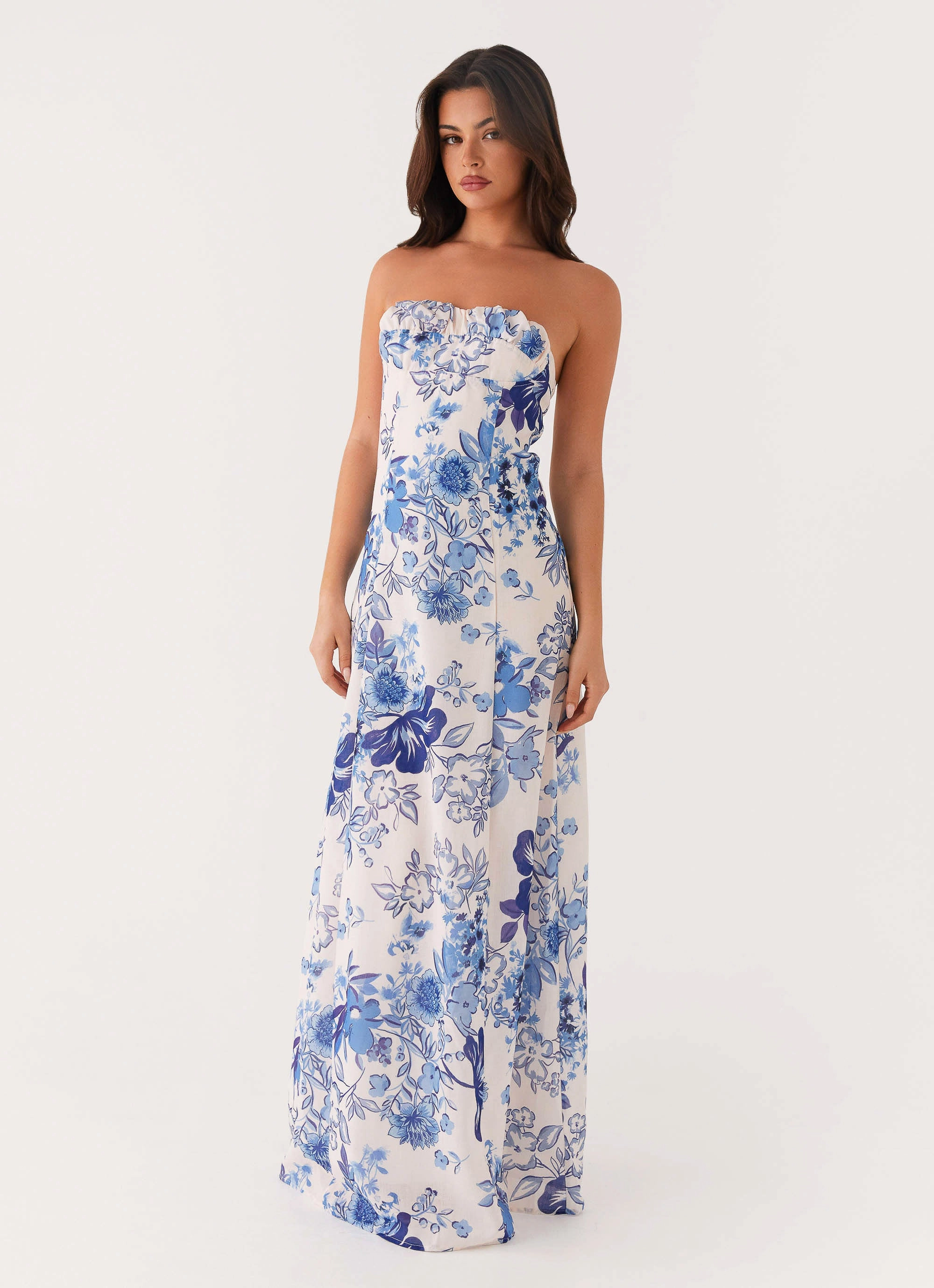 Tayla Linen Maxi Dress - Serene Sky Floral Statement Neck