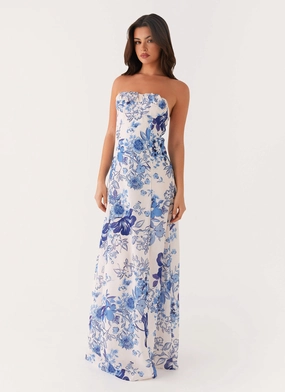 Tayla Linen Maxi Dress - Serene Sky Floral Statement Neck