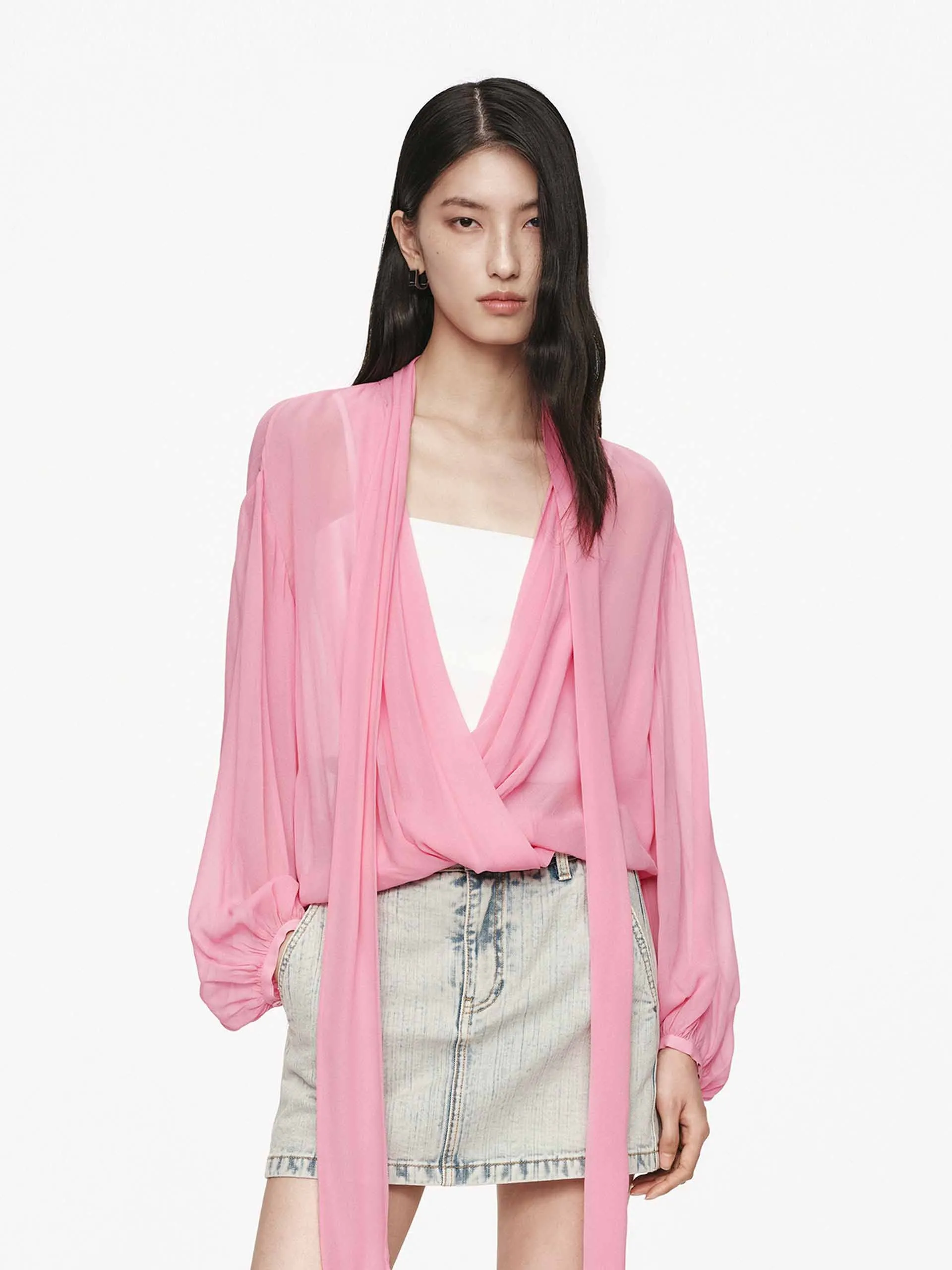 Tie Detail Chiffon Blouse Temperature Regulating Versatile Styling