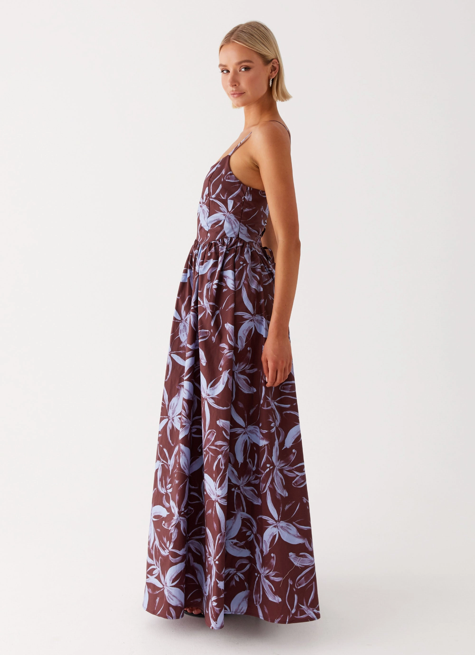 Minimalist Design Front Ruffle Tesoro Maxi Dress - Brown Purple Floral