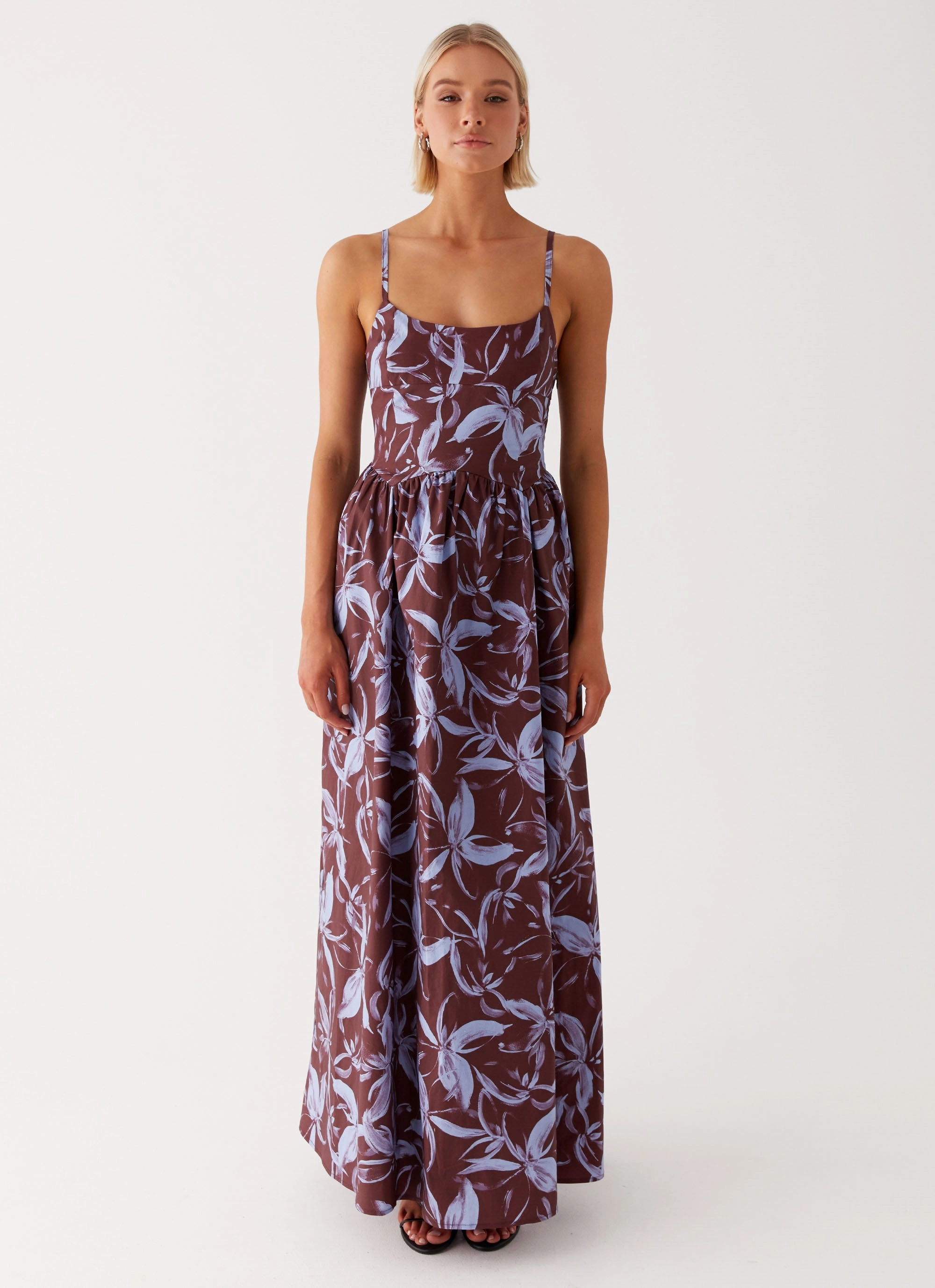 Calm Fit Minimal Aesthetic Tesoro Maxi Dress - Brown Purple Floral