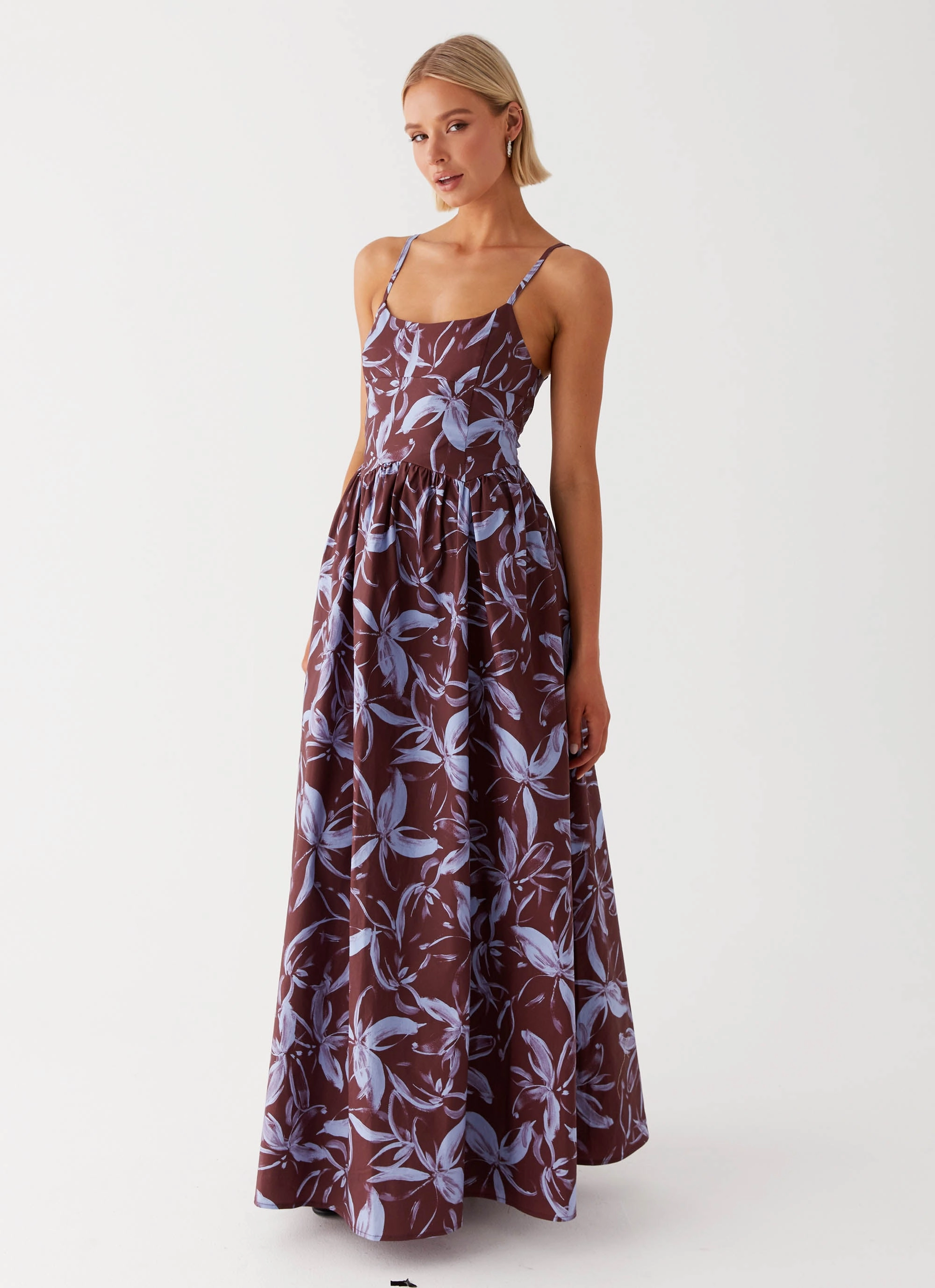 Tesoro Maxi Dress - Brown Purple Floral Modern and Feminine