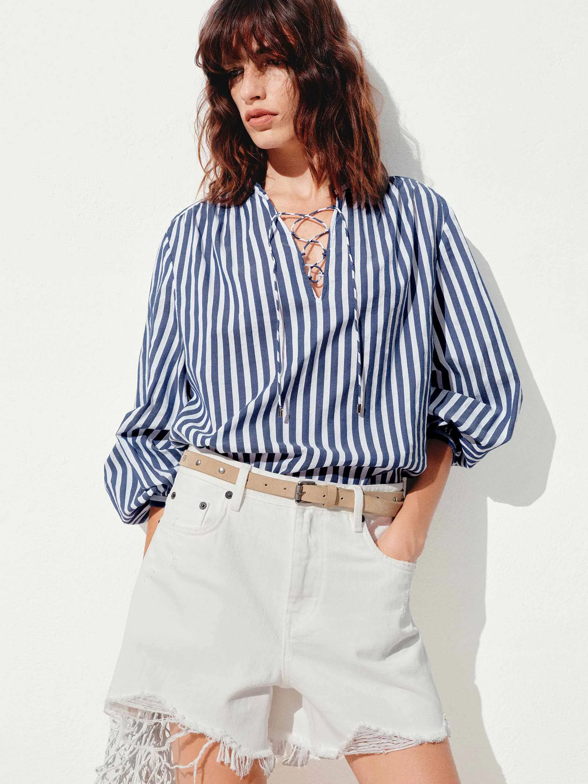 Stripe V-neck Blouse Printed design