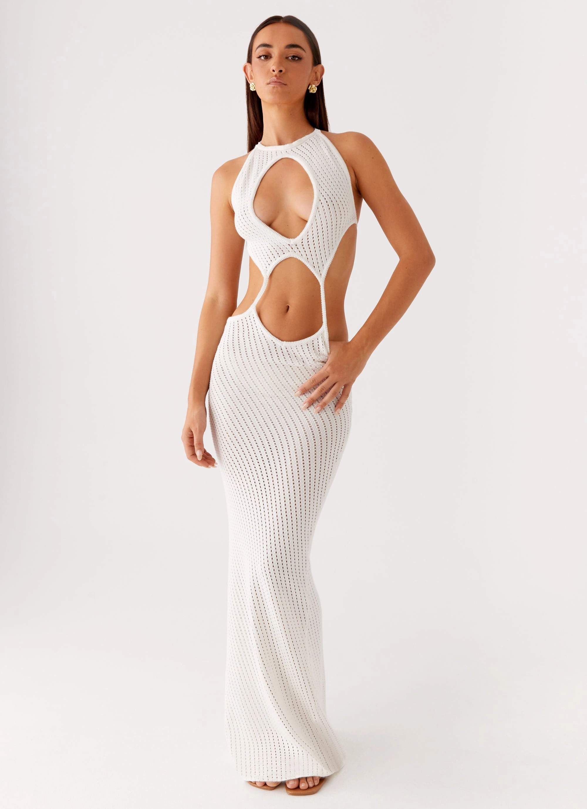 Caicos Crochet Maxi Dress - White Elastic-Waist Art Inspired