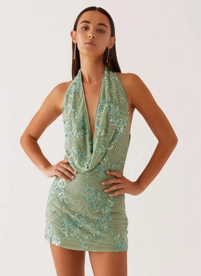 Olisa Cowl Neck Beaded Mini Dress - Mint Occasion Ready
