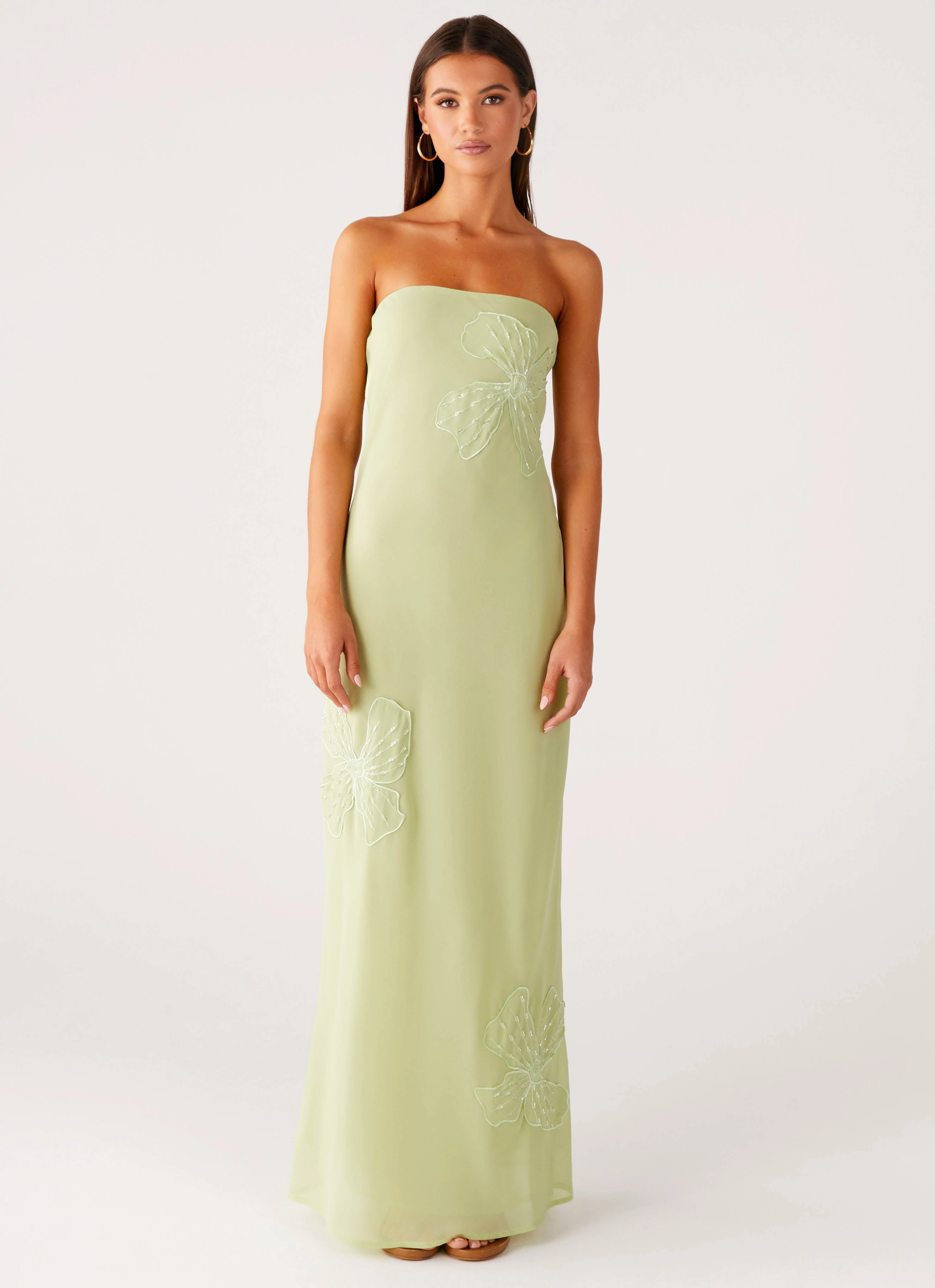 Gift-Worthy Sassafras Beaded Flower Strapless Maxi Dress - Lime