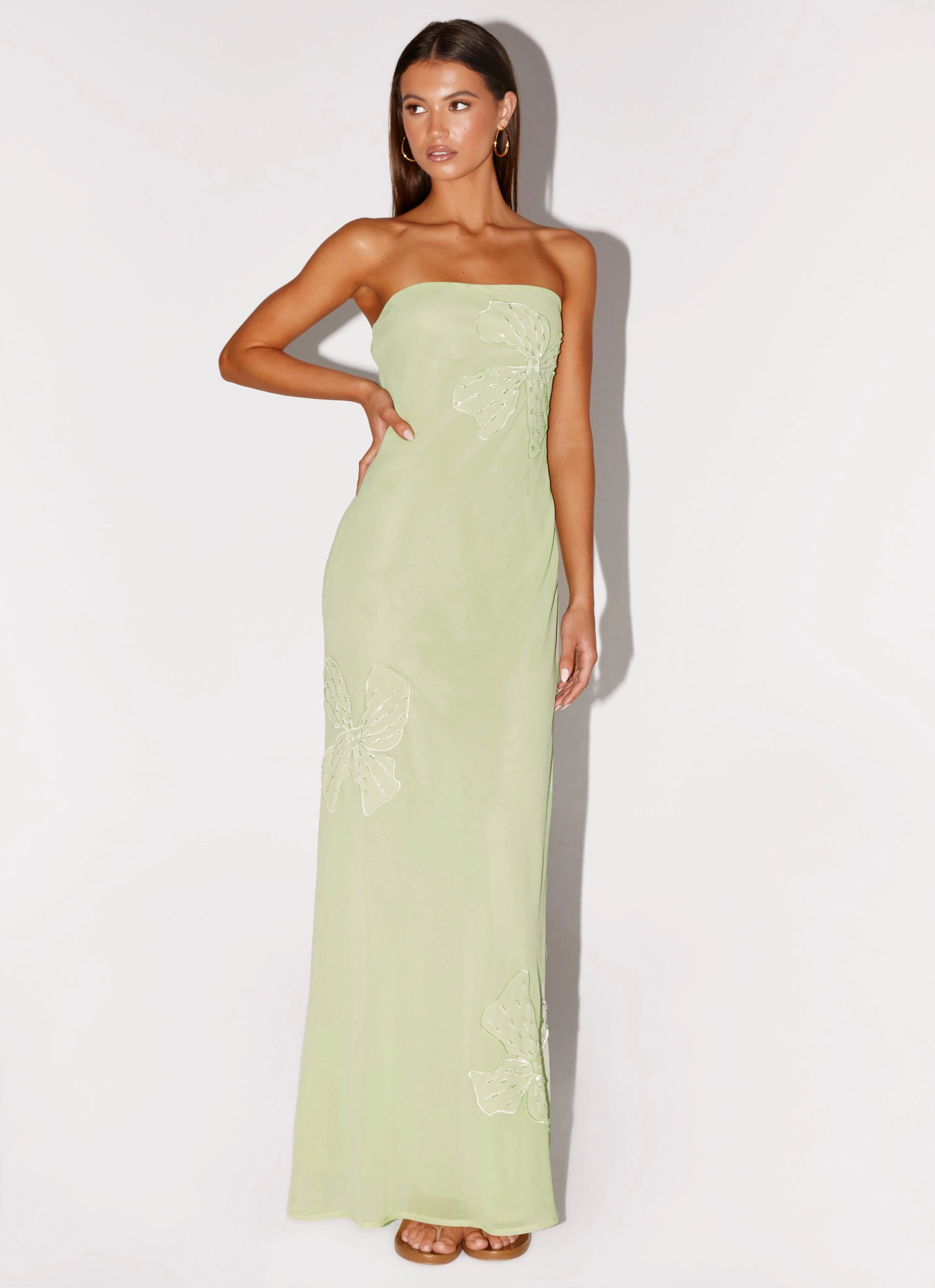 Dress-Up Style Satin Soft Sassafras Beaded Flower Strapless Maxi Dress - Lime