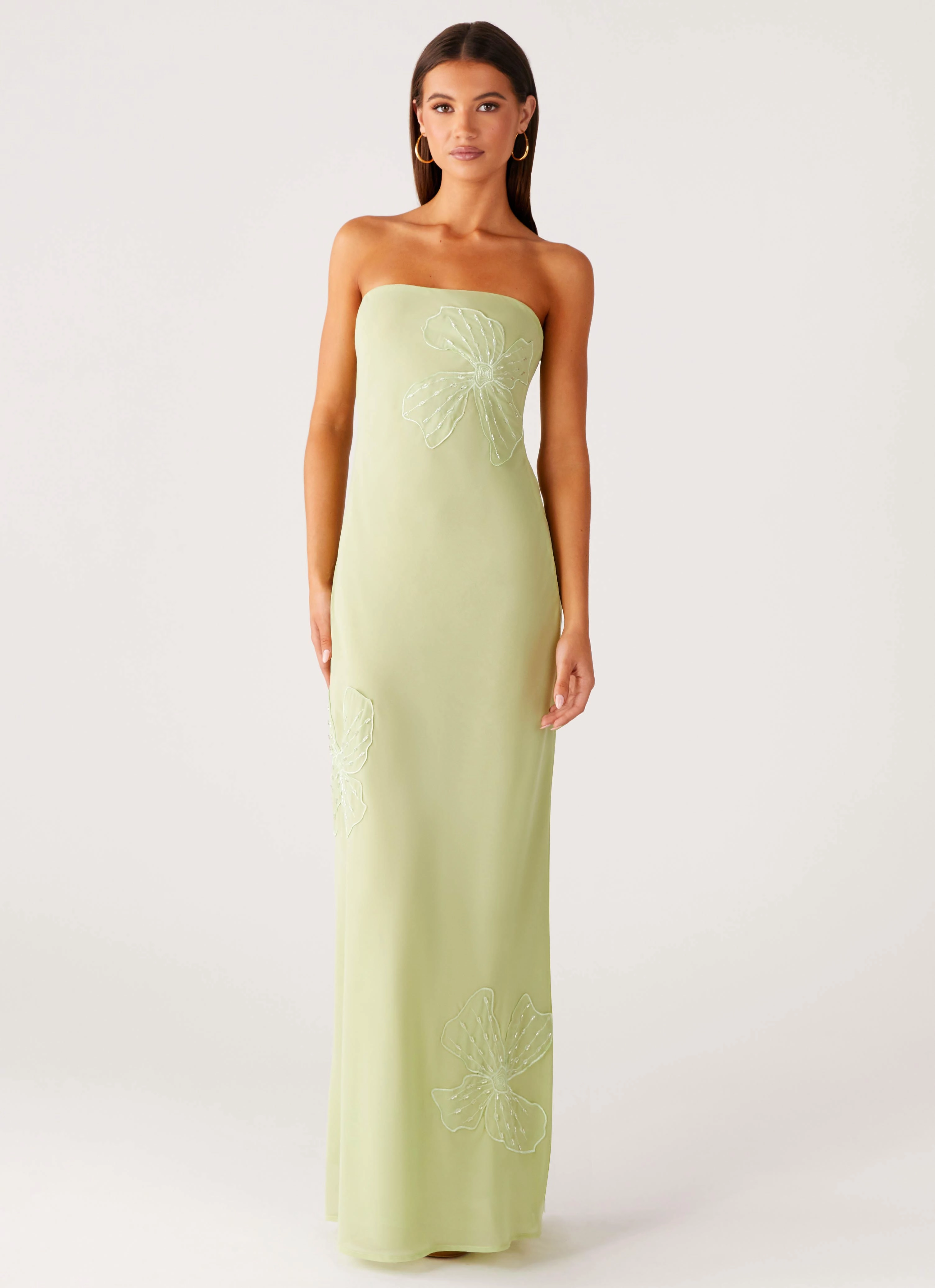Sassafras Beaded Flower Strapless Maxi Dress - Lime Side Tie Retro Detail