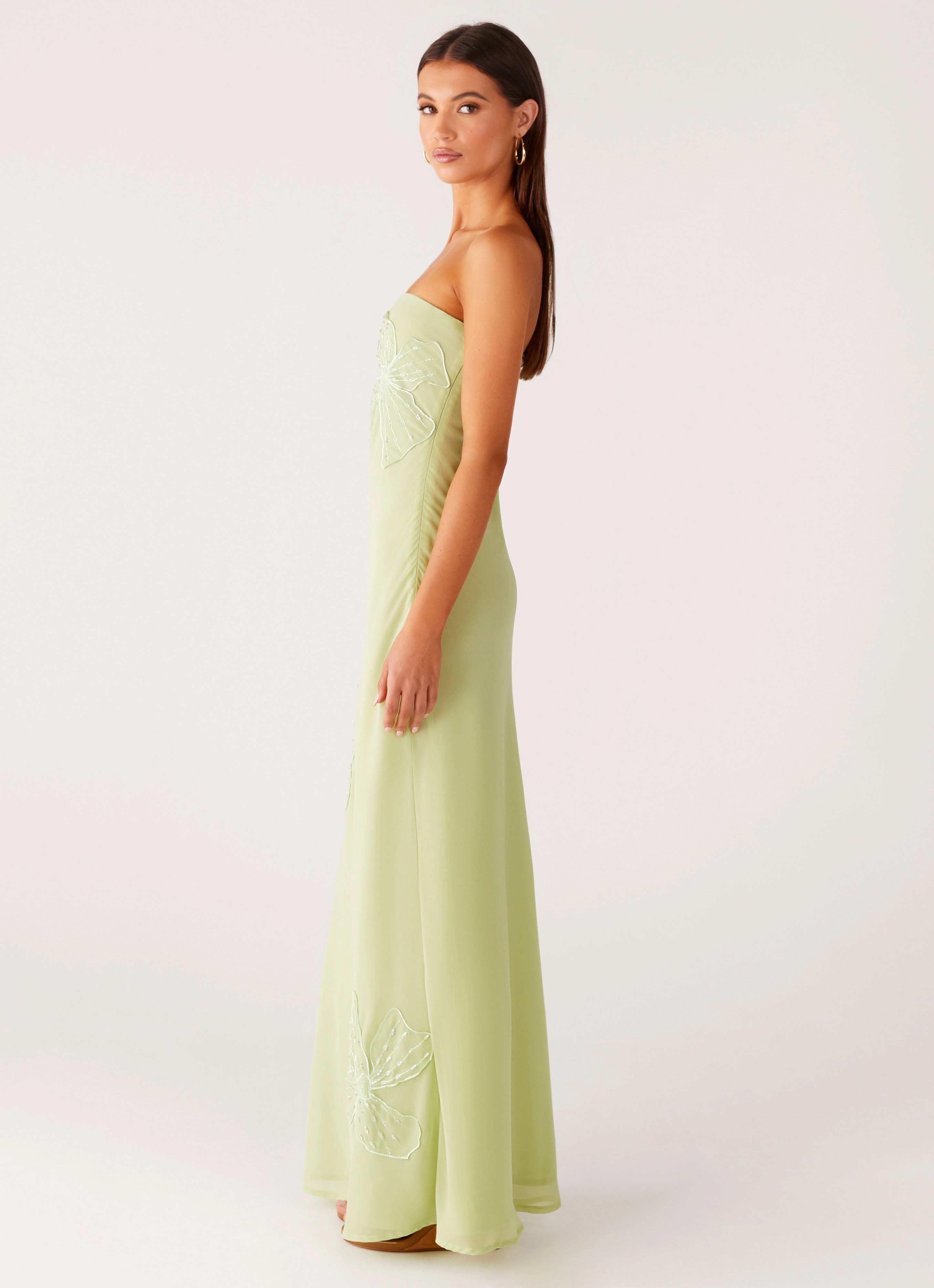 Refined Simplicity Daytime Look Sassafras Beaded Flower Strapless Maxi Dress - Lime