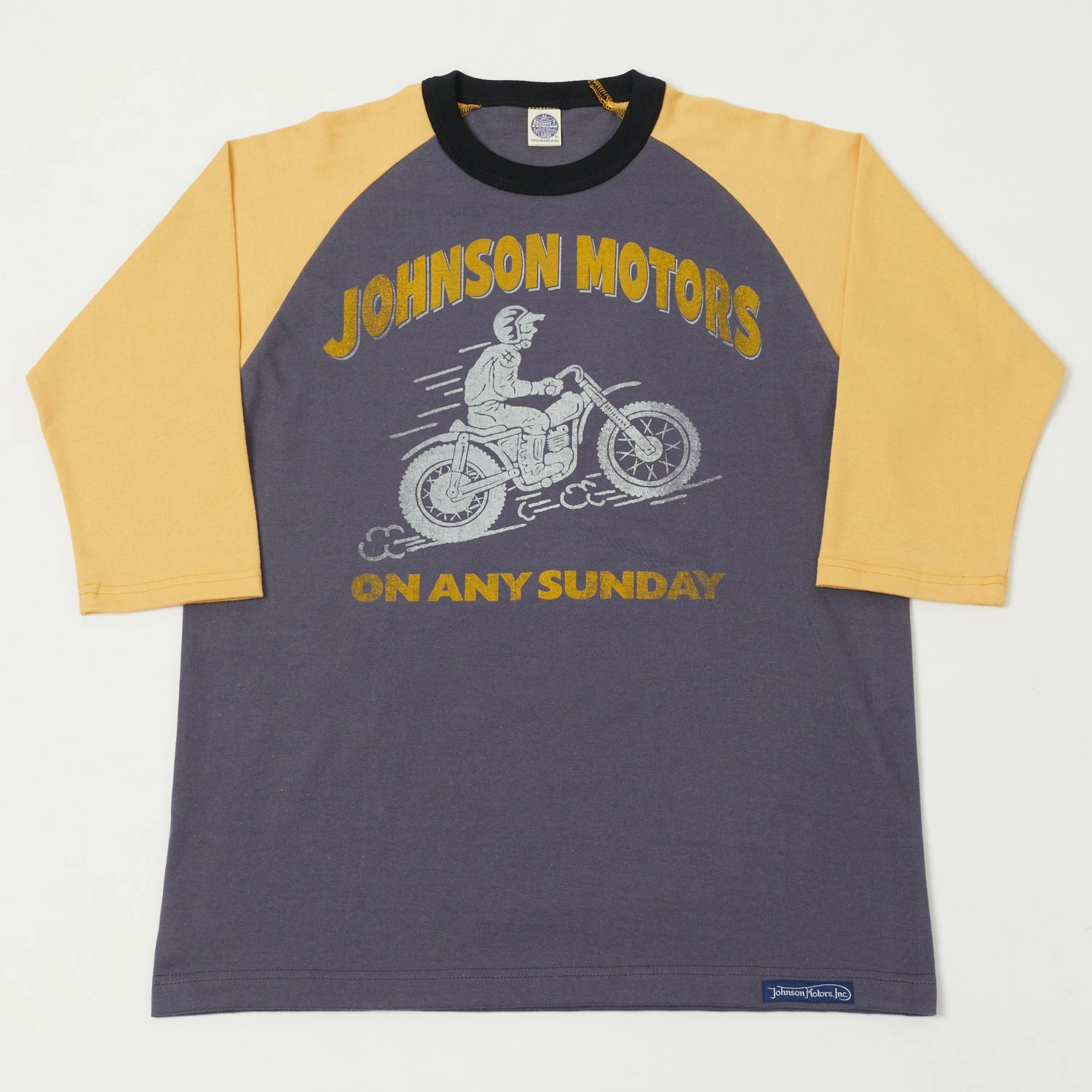 TOYS McCOY 'Johnson Motors'  Raglan Sleeve Baseball Tee - Off Navy/Yellow Linen blend GentleWashResistance