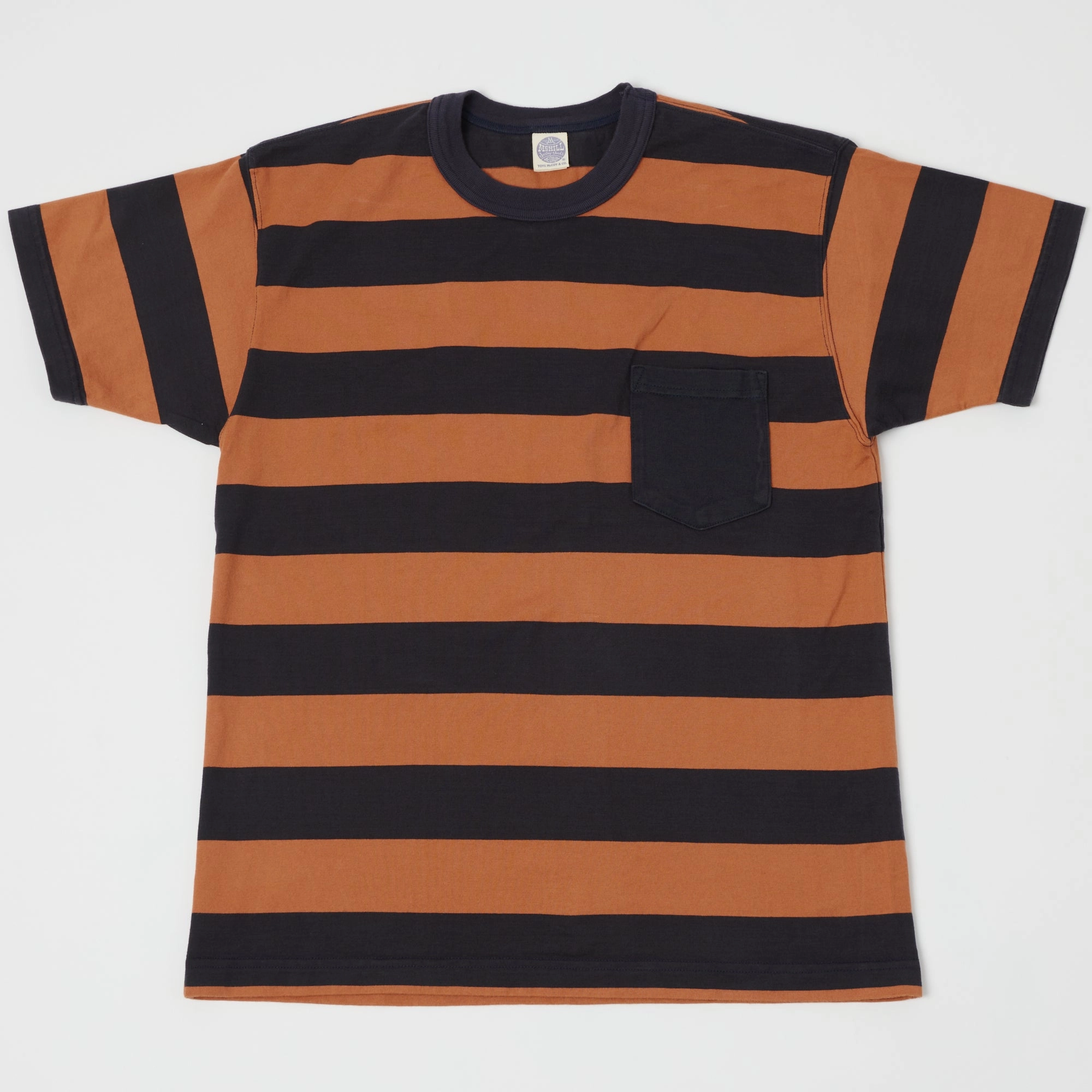 TOYS McCOY Bordered Stripe Pocket T-Shirt - Carrot/Navy Soft Touch Texture Self Fabric Tape