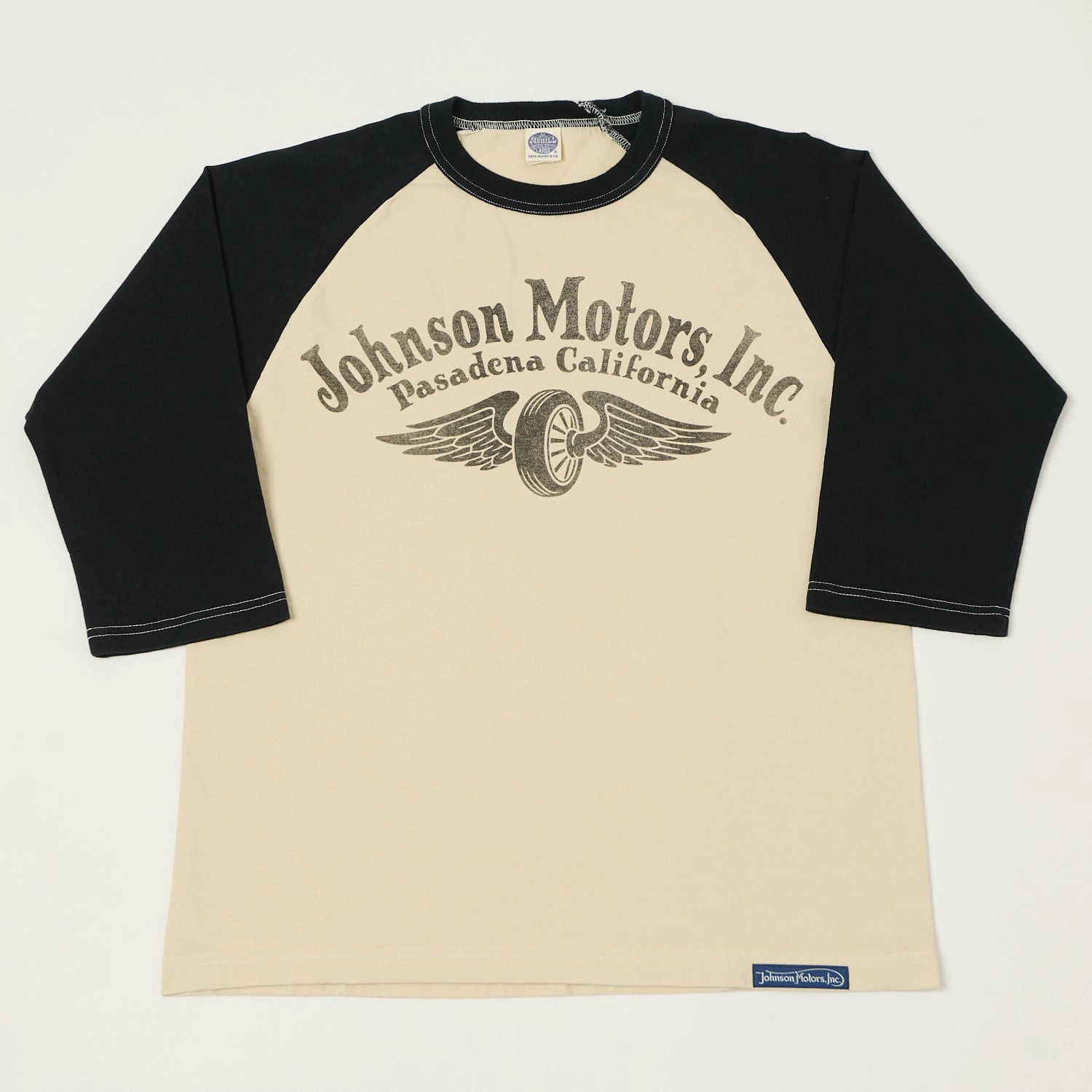 Breathable Style Reversible Design Concept TOYS McCOY Raglan Sleeve 'Johnson Motors' Baseball T-Shirt - Ivory/Black