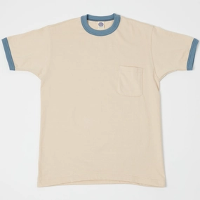 TOYS McCOY Ringer Pocket T-Shirt - Beige/Blue Pilling Resistant Finish