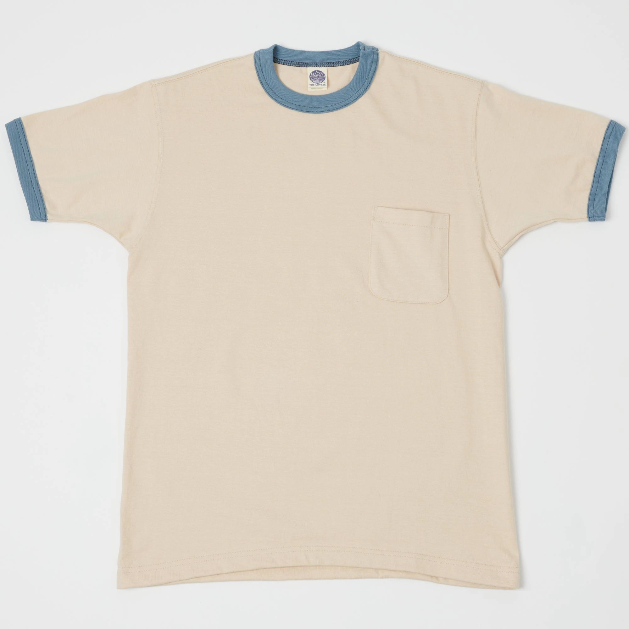 TOYS McCOY Ringer Pocket T-Shirt - Beige/Blue Pilling Resistant Finish