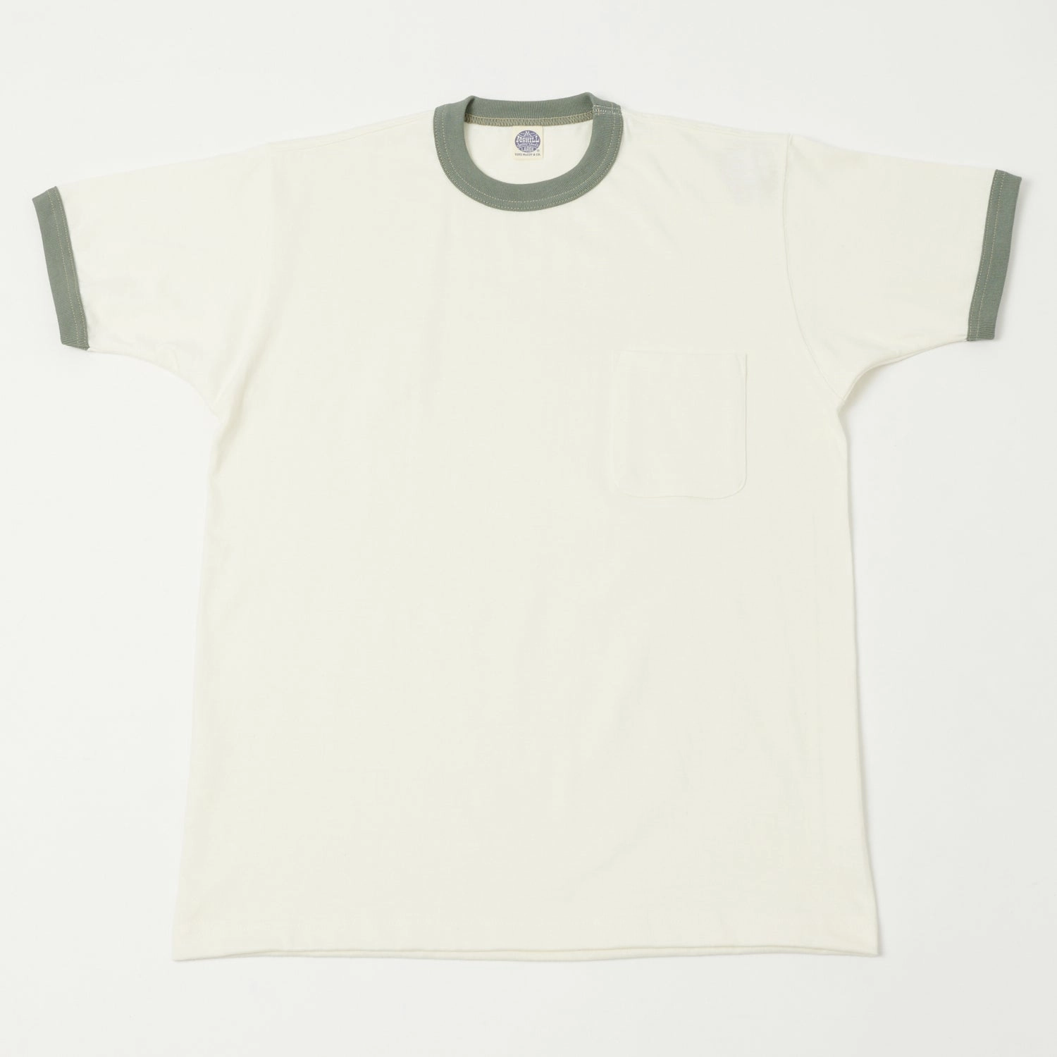 TOYS McCOY Ringer Pocket T-Shirt - Off White/Green Breathable Material Garment Dyed Technique