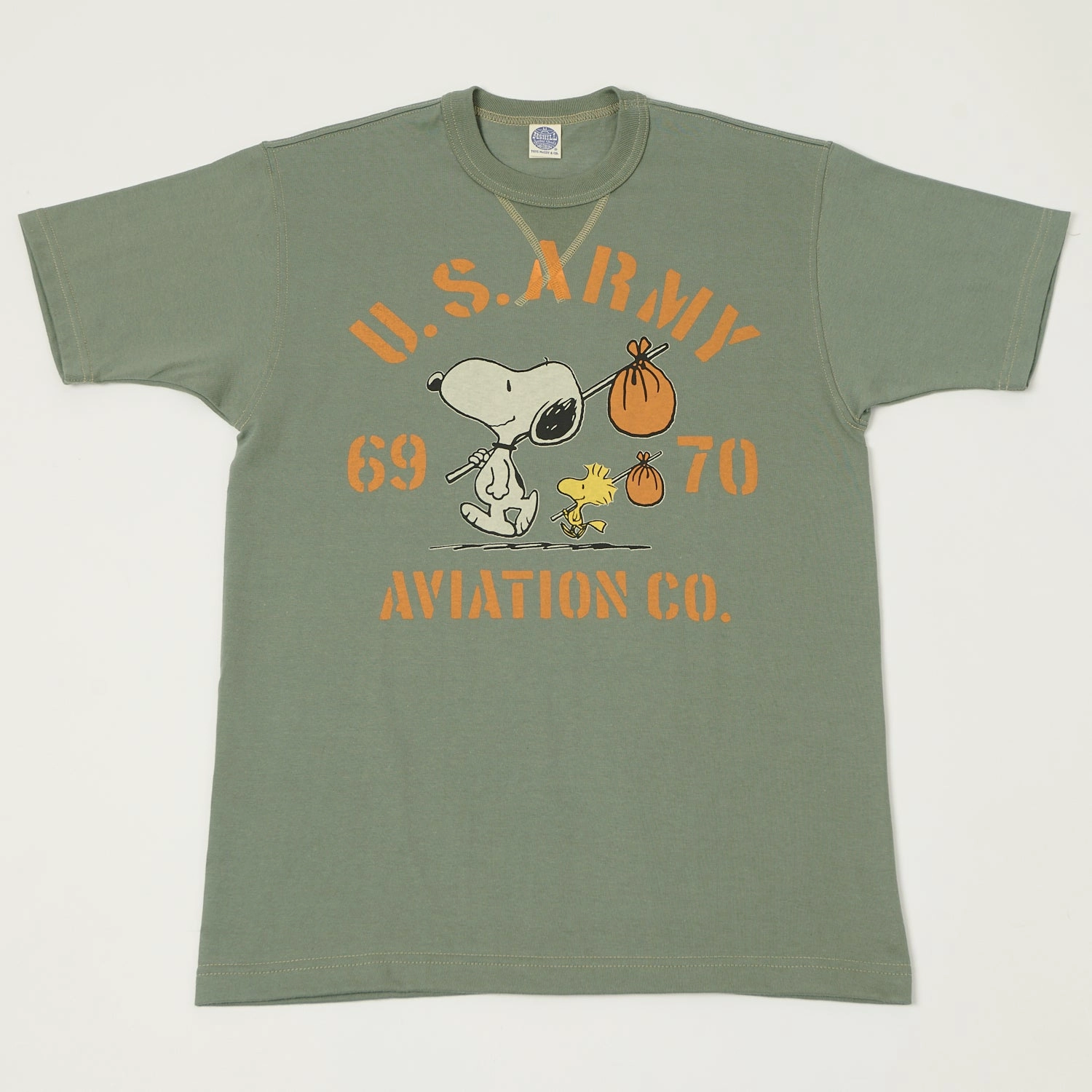 TOYS McCOY Snoopy 'U.S. Army Aviation Co' T-Shirt - Olive Flexible Cuff Design Oversized Cut