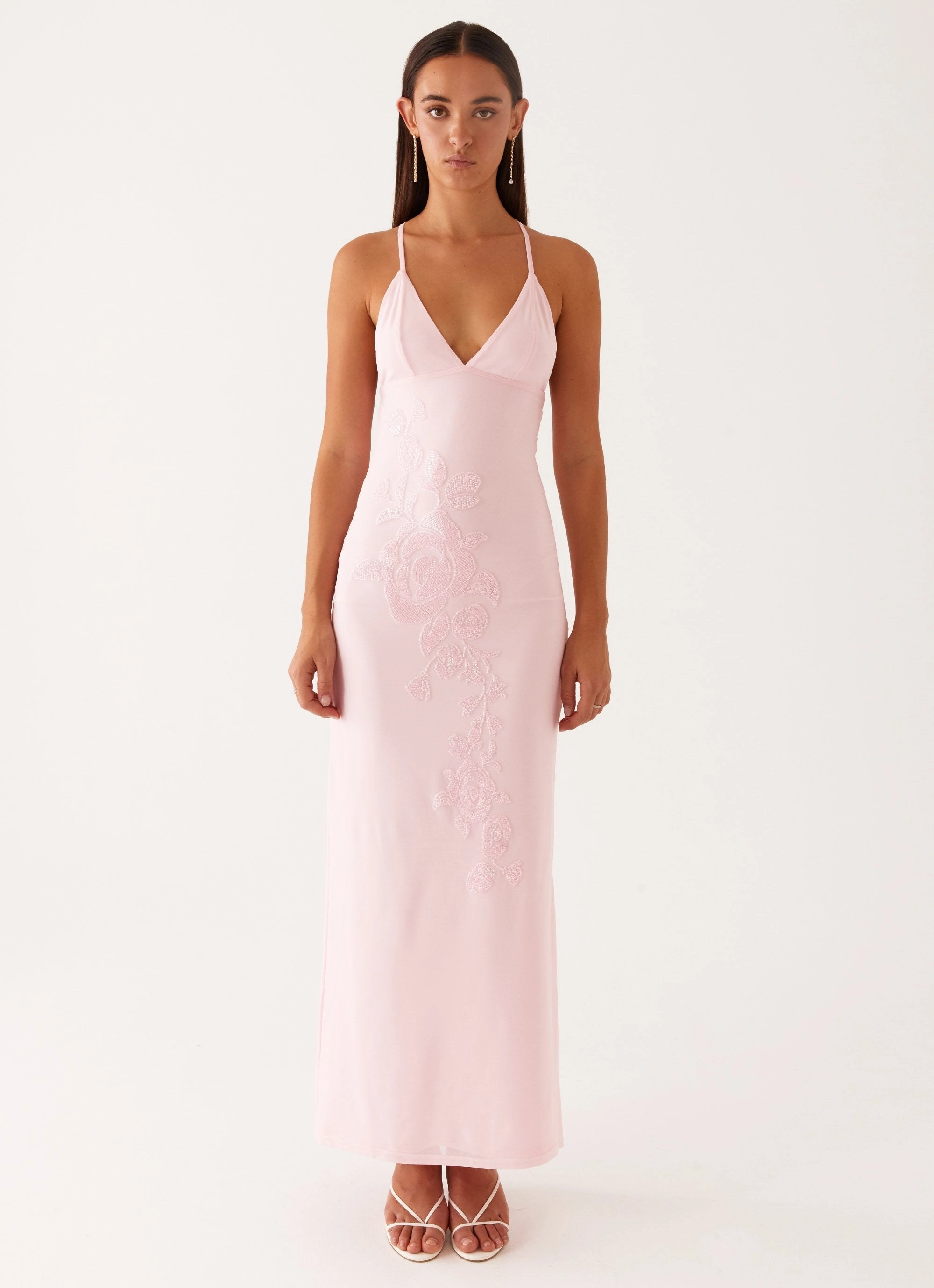 Front Detail Lightweight-Structure Beki Beaded Mesh Maxi Dress - Pink