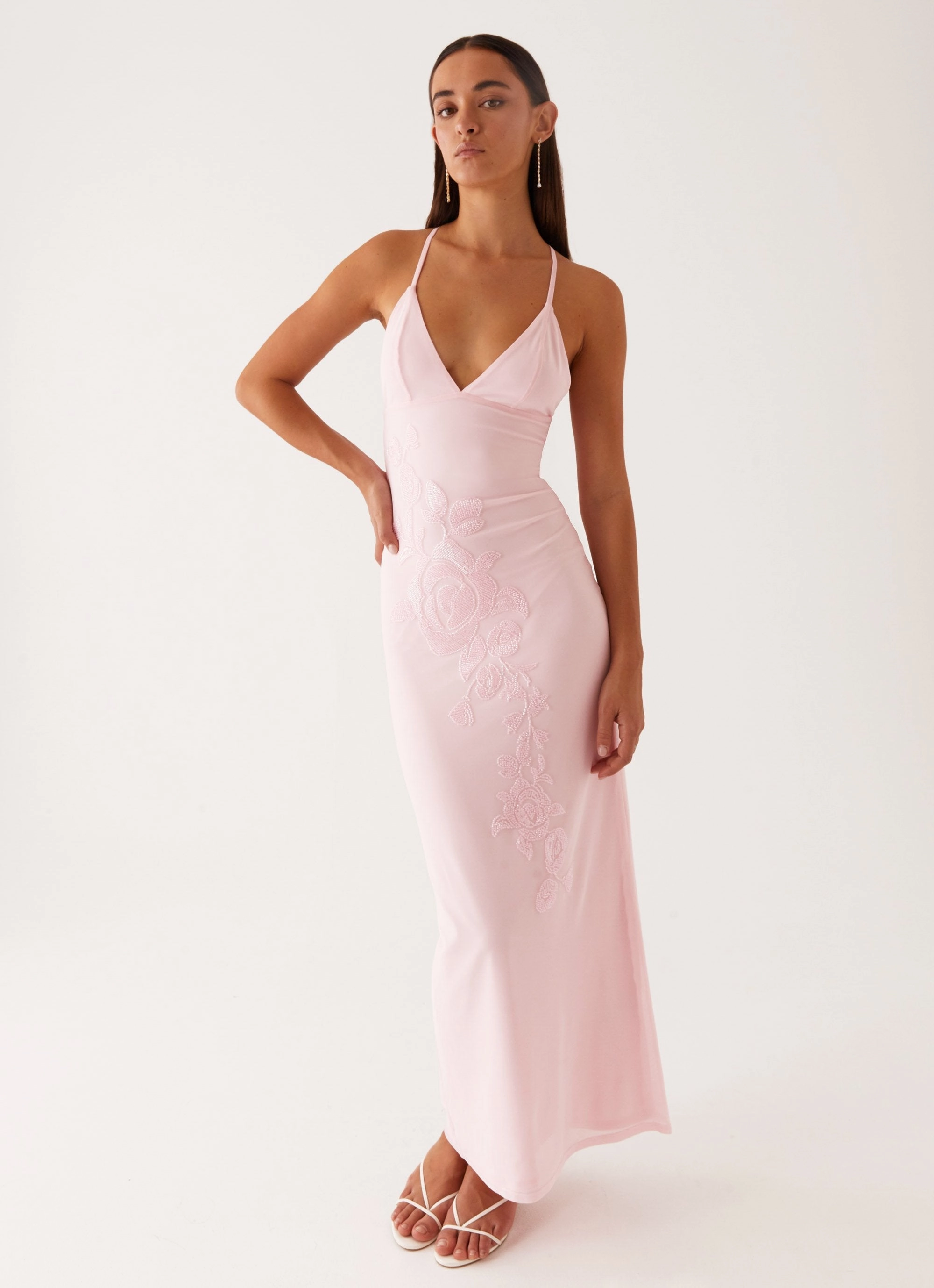 Beki Beaded Mesh Maxi Dress - Pink Poised Vibe
