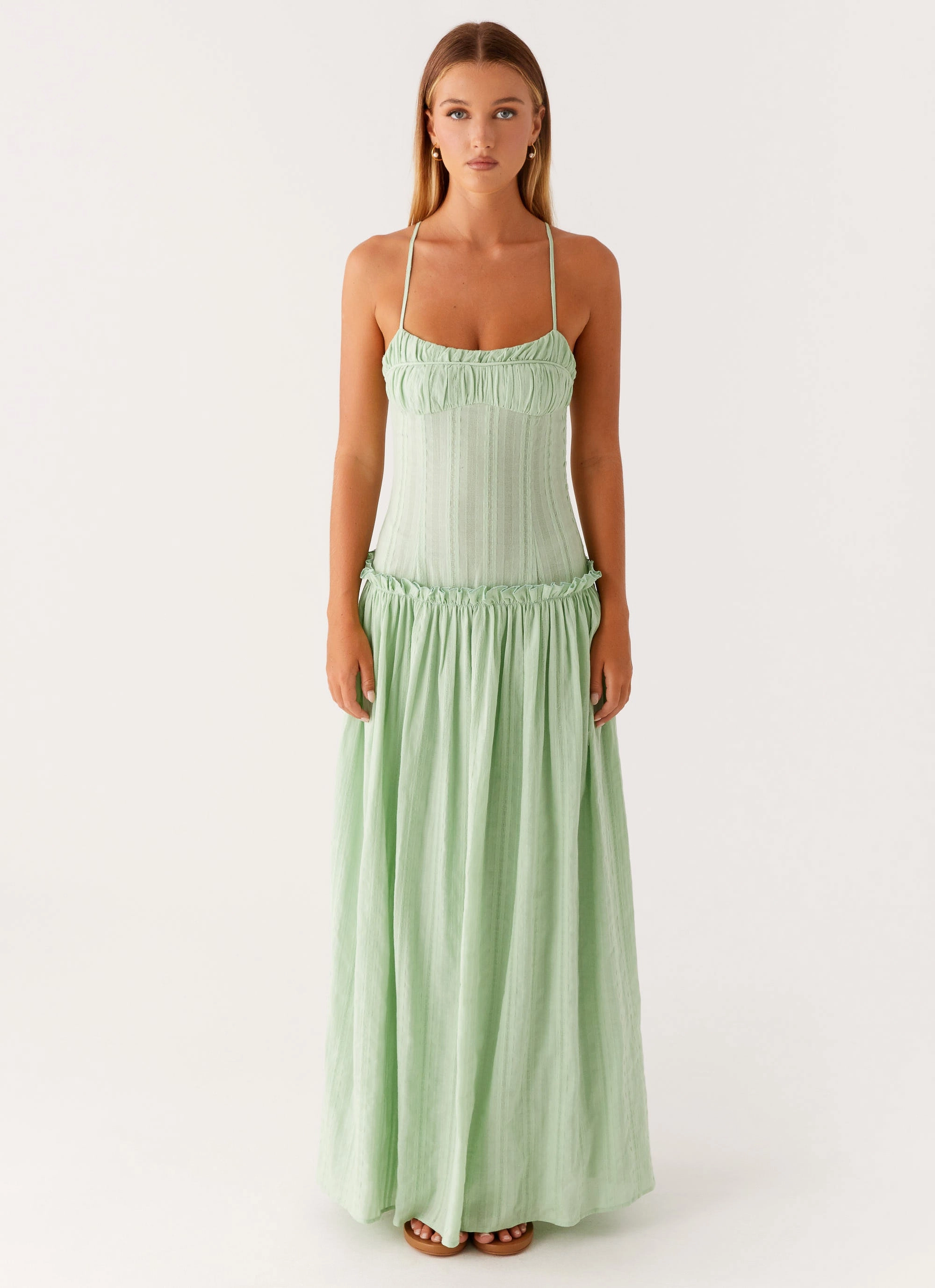 Jacinda Drop Waist Maxi Dress - Sage Fitted Base Romantic date dress