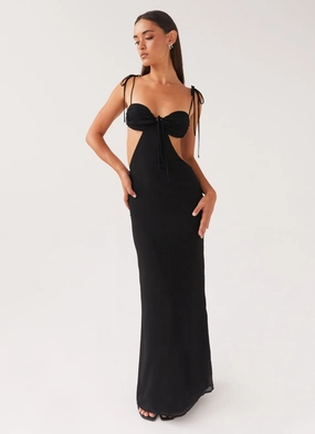 Sleek Texture Polished Details Tyra Ruched Maxi Dress - Black