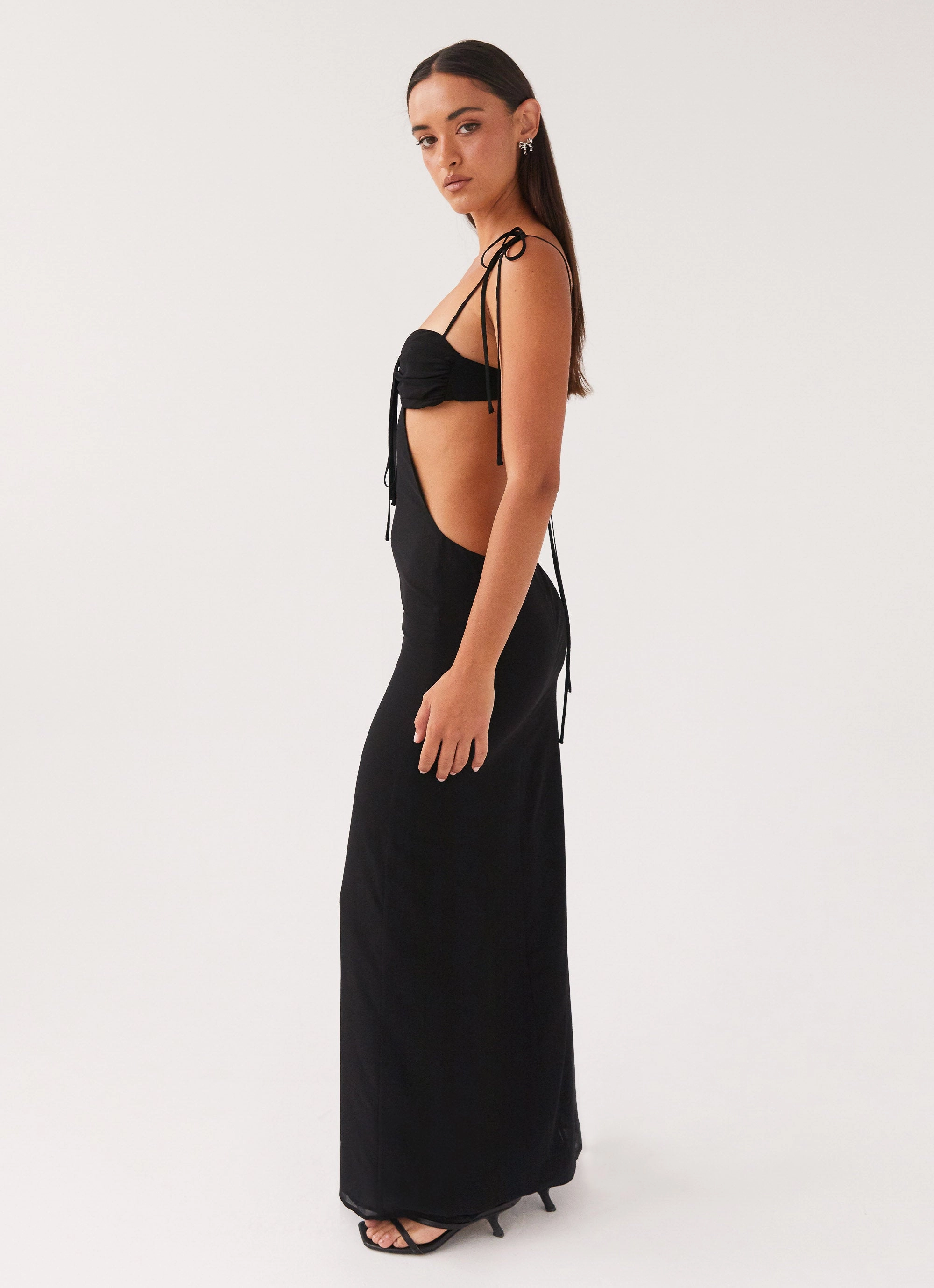 Tyra Ruched Maxi Dress - Black Love Soft Dinner Outfit
