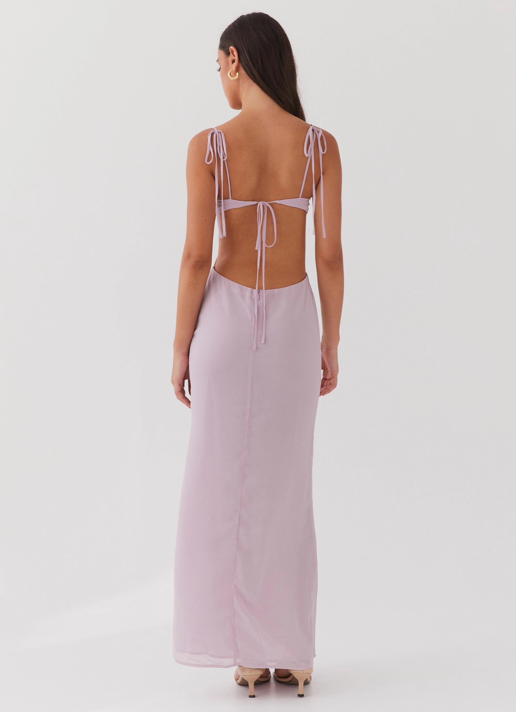 Tyra Ruched Maxi Dress - Lavender Trendy Look Crystal-Detail