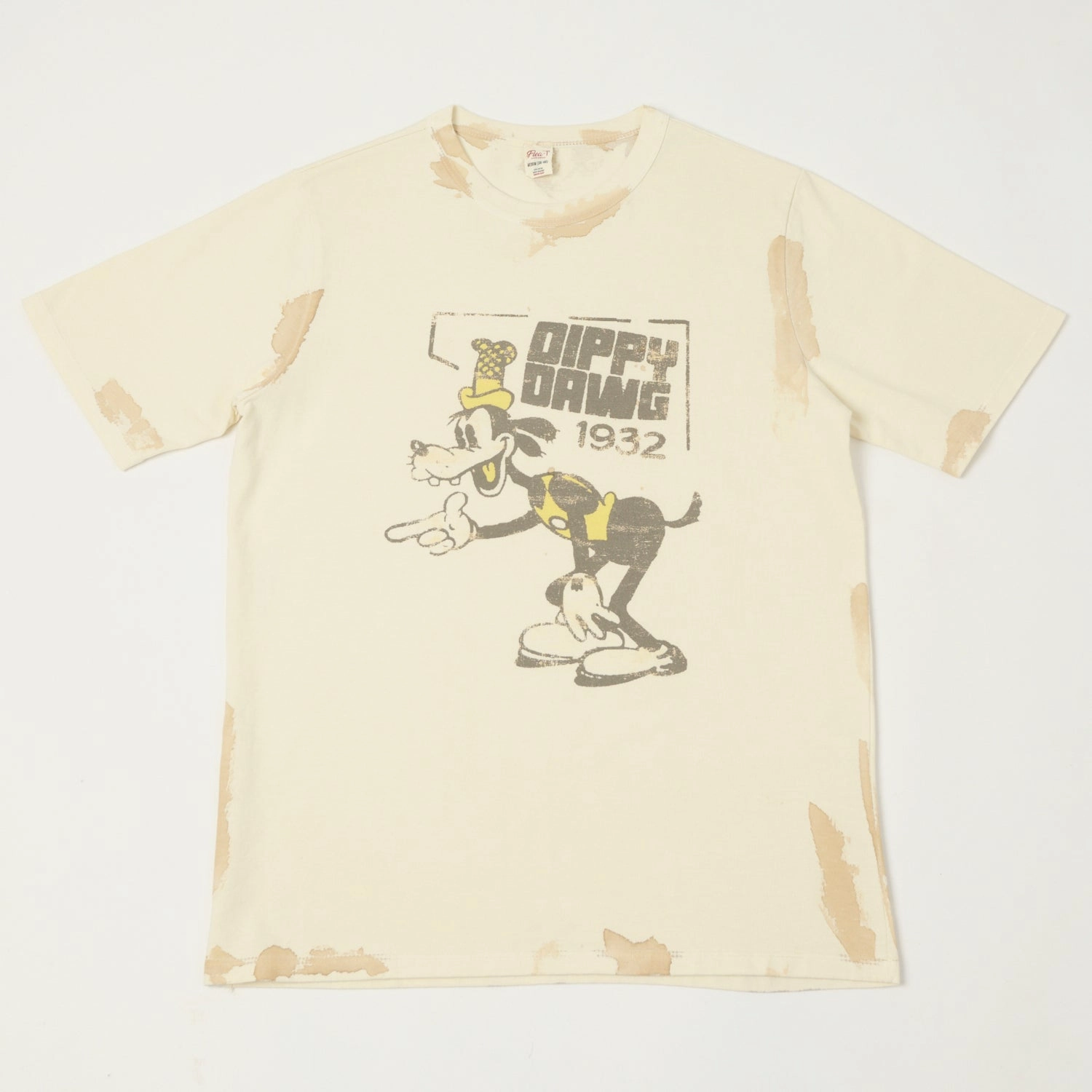 Flea-T 1950s Yellow 'Dippy Dawg' T-Shirt - White Moisture wicking Stone Wash Process