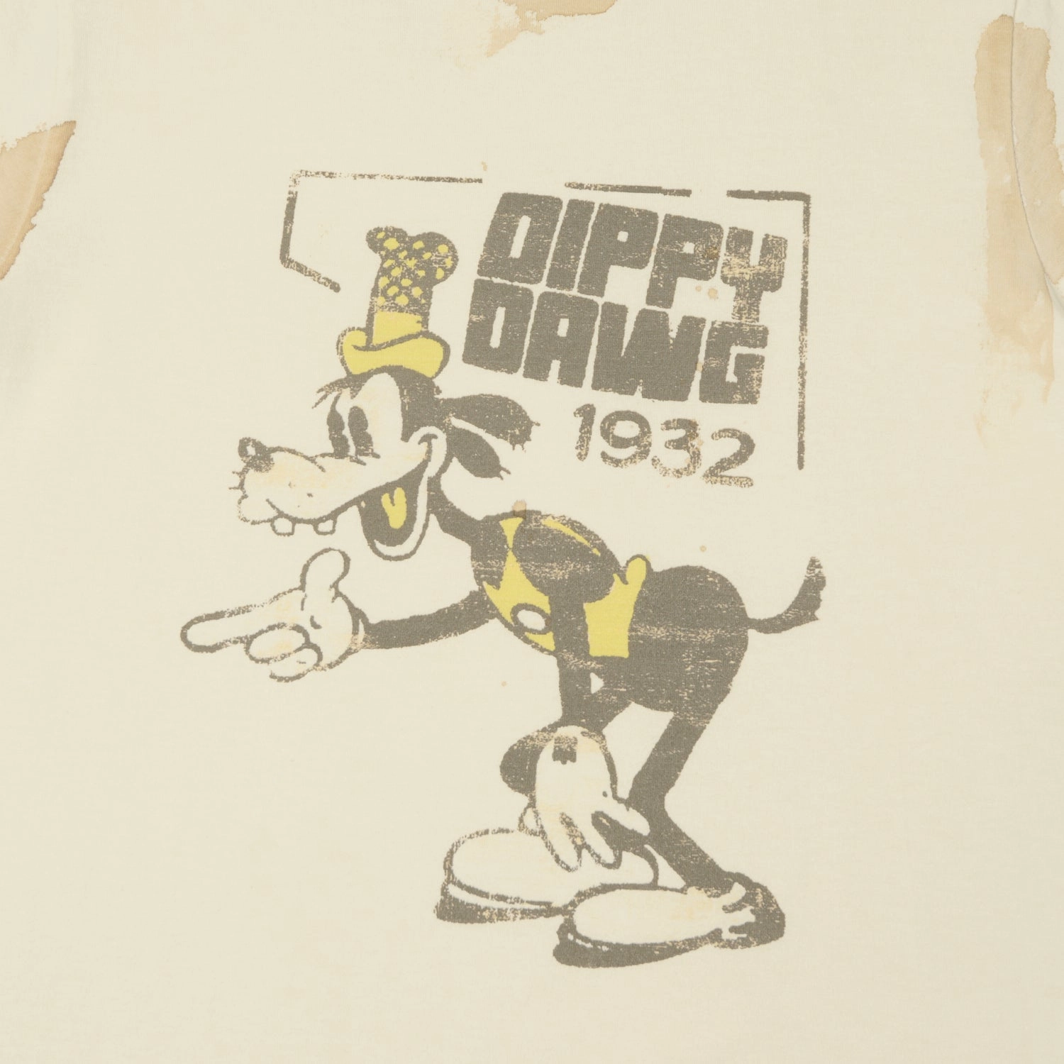 Taped Neckline Casual Look Flea-T 1950s Yellow 'Dippy Dawg' T-Shirt - White