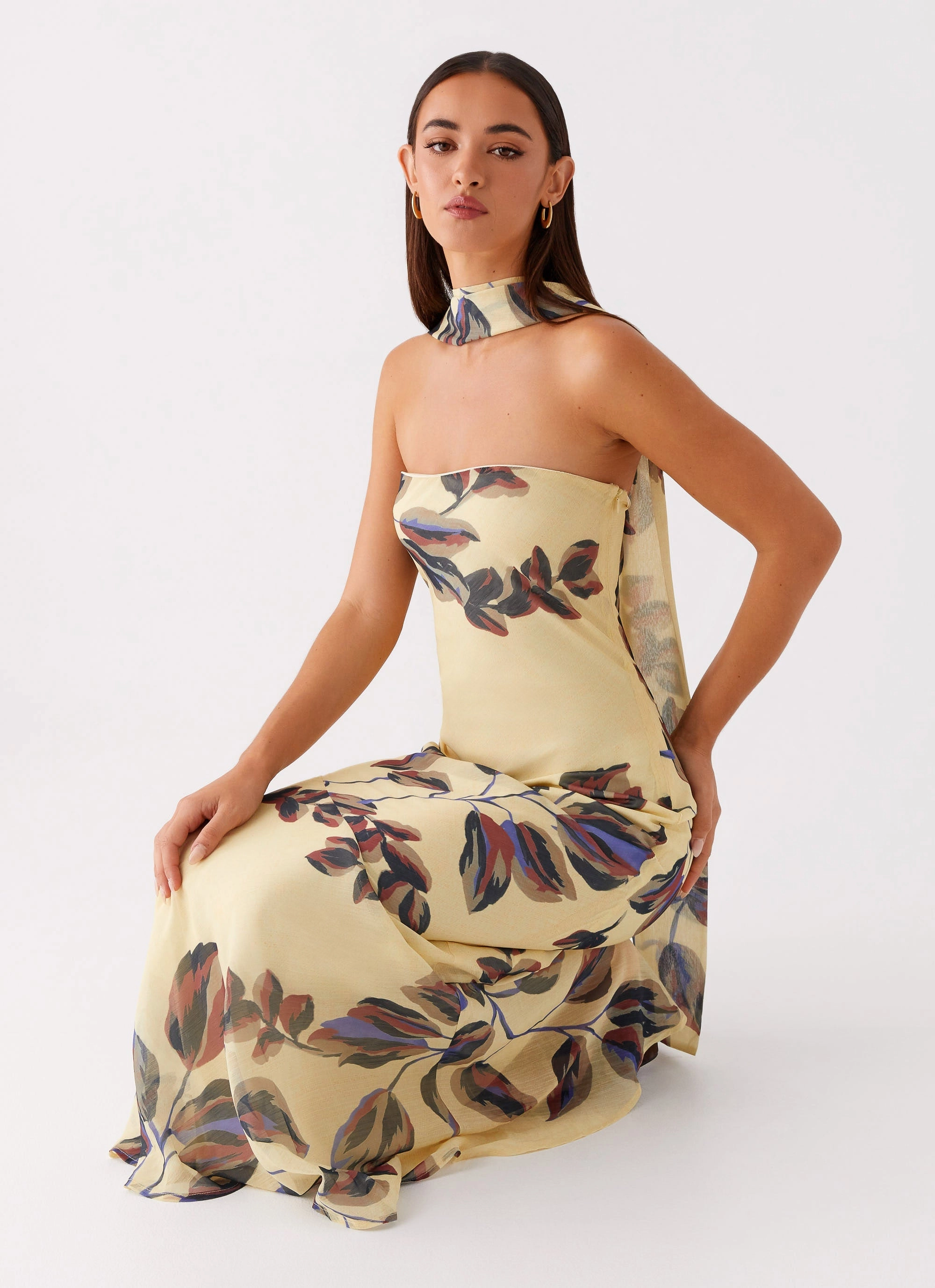 Under The Pagoda Maxi Dress - Buttercream Leaf Print Timeless slip dress Vibrant color