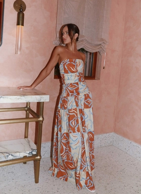 Carmel Maxi Dress - Orange Blue Floral Open-back
