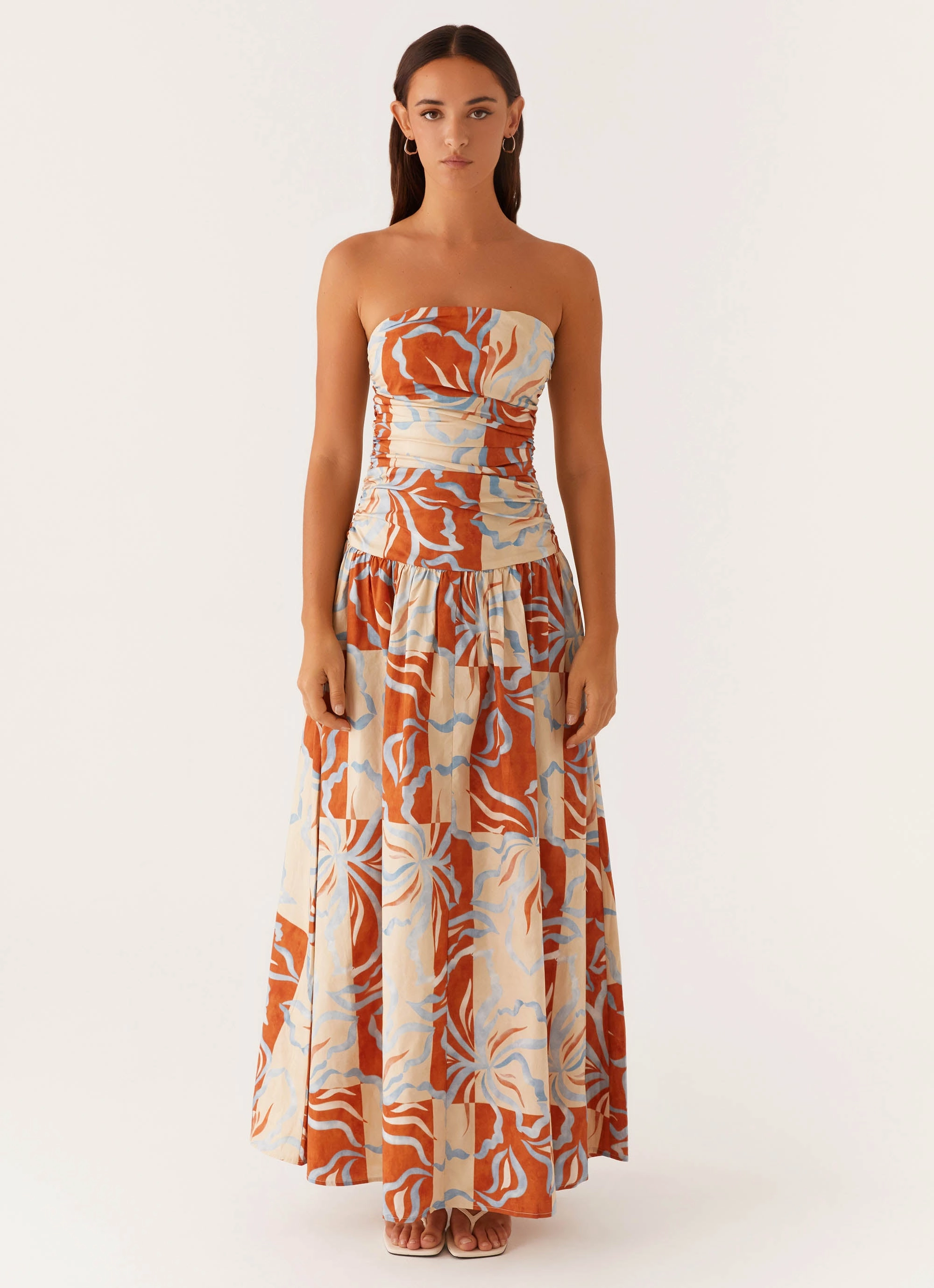 Carmel Maxi Dress - Orange Blue Floral High-Neck
