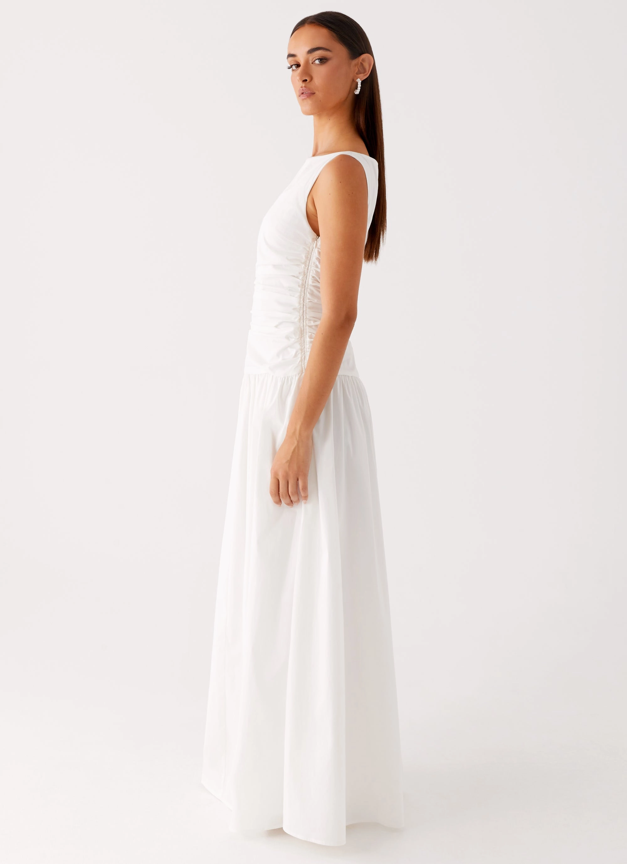 Flared shape Cloud Light Carmel High Neck Maxi Dress - White