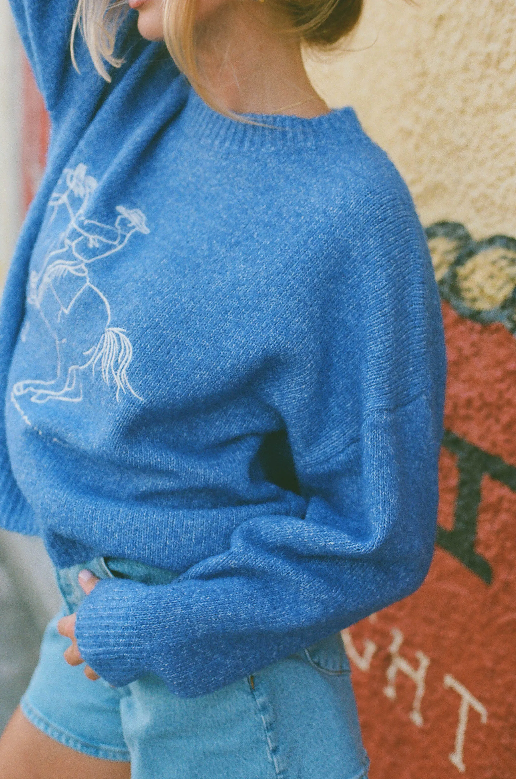 Clean Aesthetic Seasonal Wear Virginia Embroidered Cowboy Knit Sweater in Royal