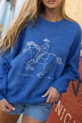 Sleek Texture Virginia Embroidered Cowboy Knit Sweater in Royal