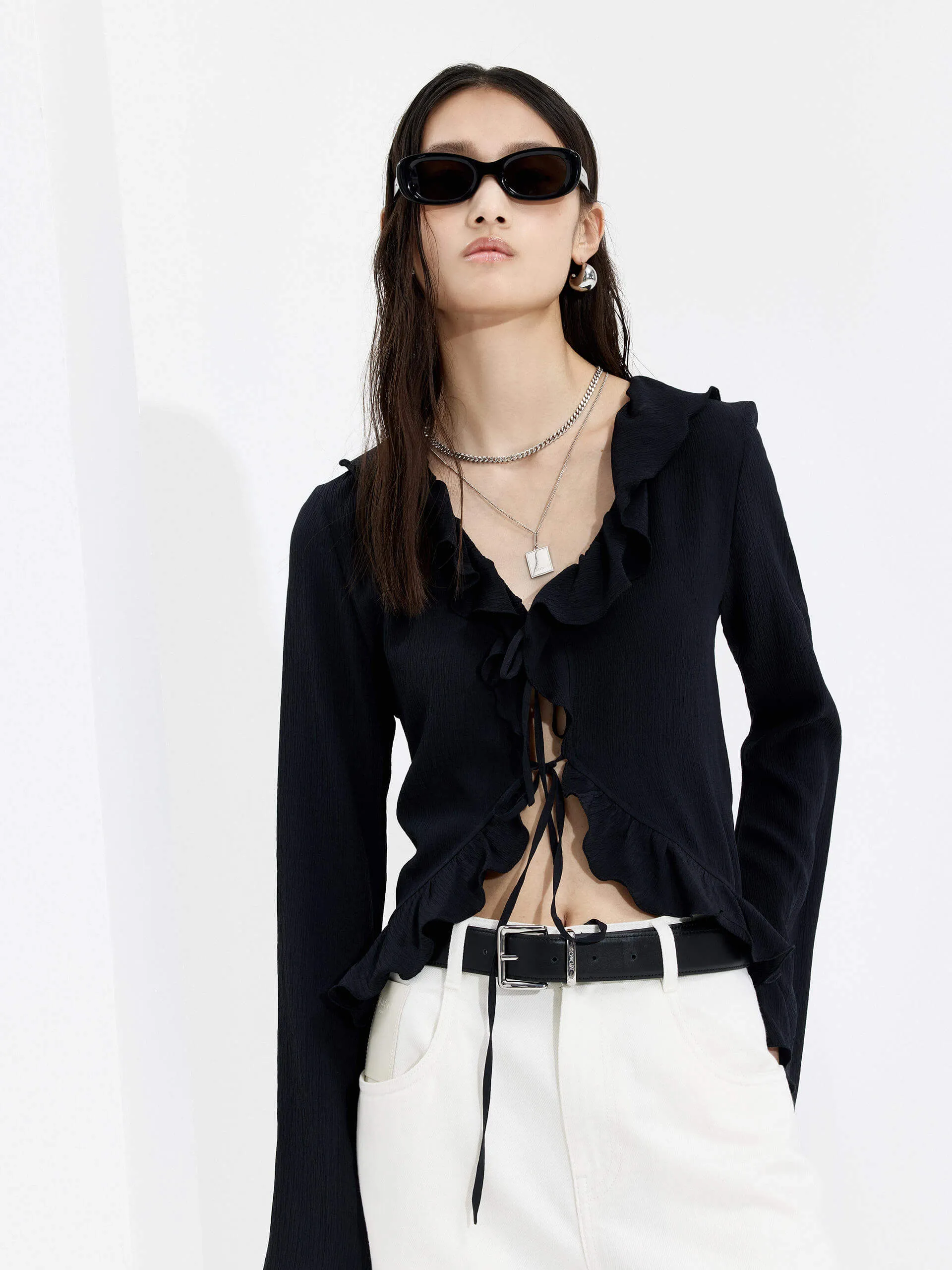 Soft Stretch Collar Silk Ruffled Trim Top