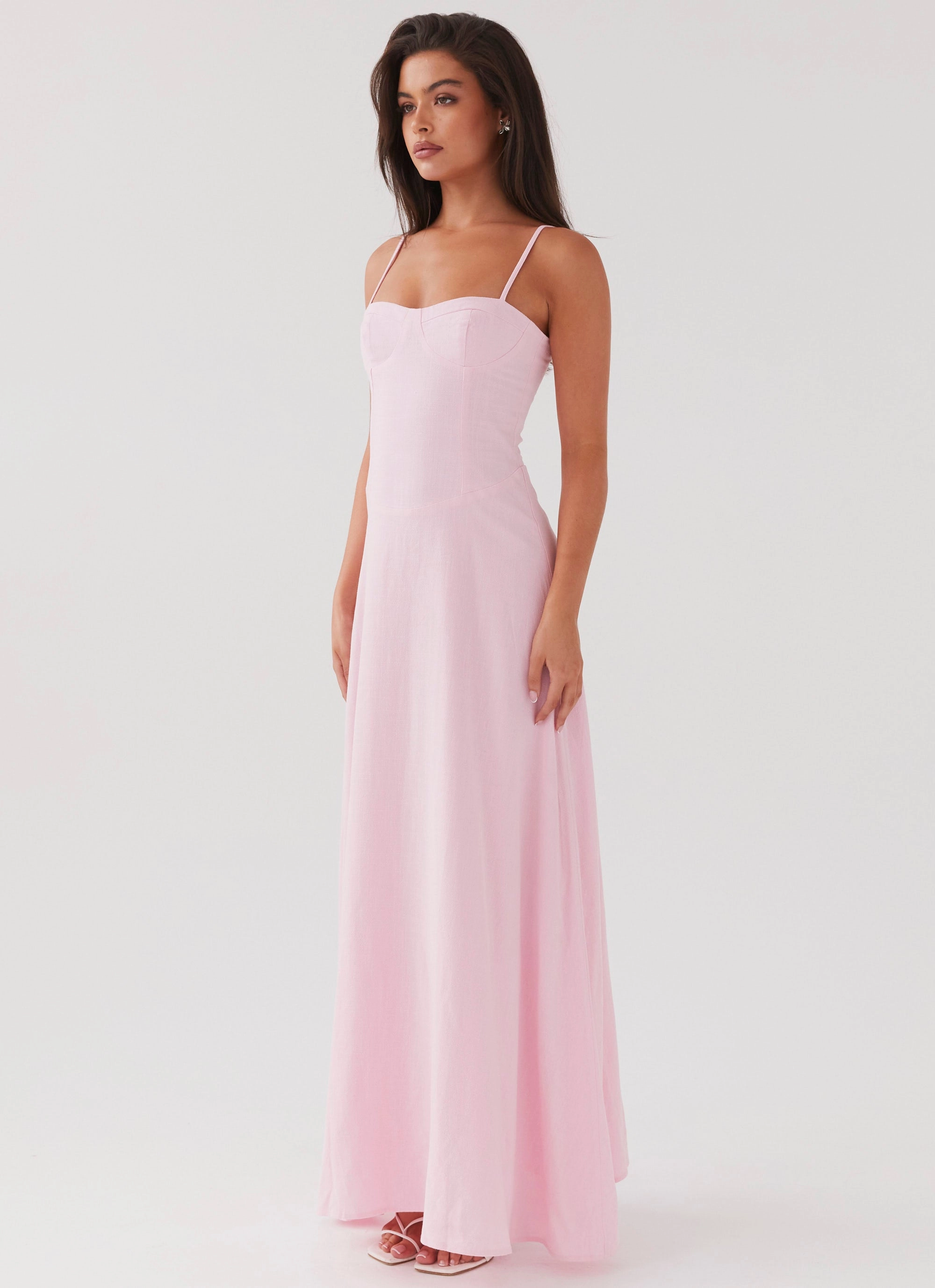 Angelina Linen Maxi Dress - Pink Petal skin friendly Front-Slit