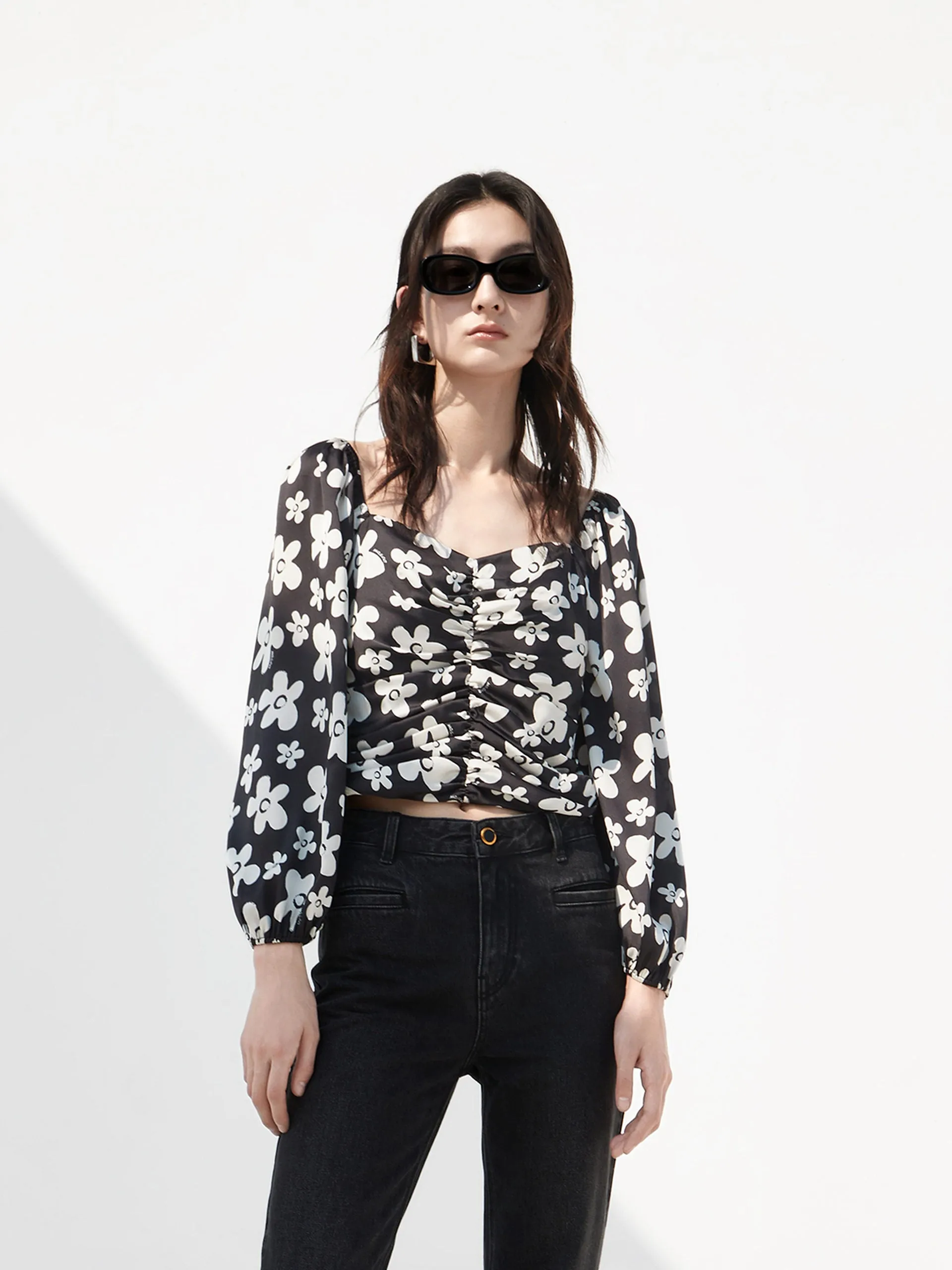 Solid Hue Pleated Floral Print Top