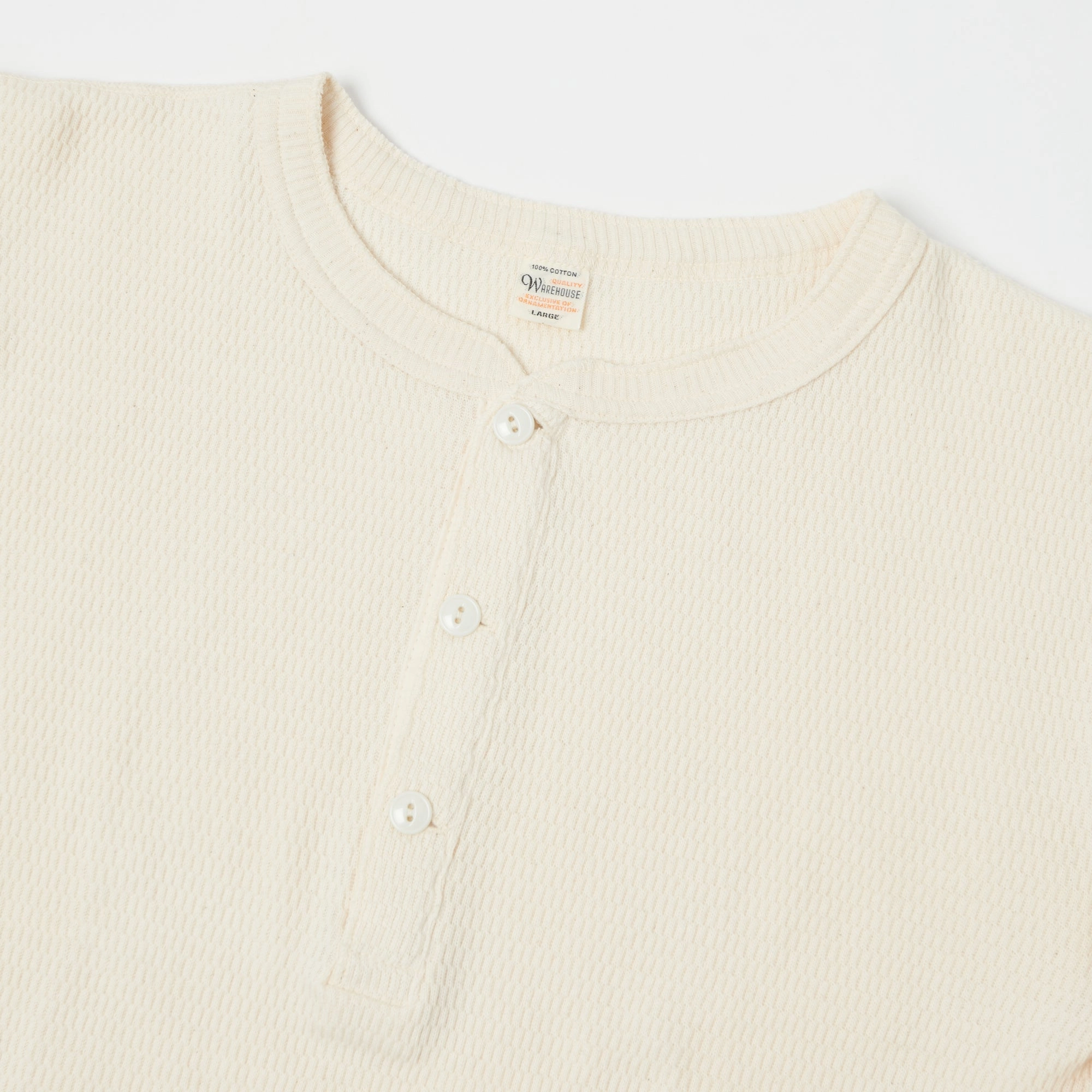 Warehouse & Co 5904 Waffle Knit Thermal Henley - Ecru Flexible Ribbed Neckline proper length
