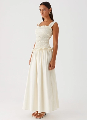 Deana Shirred Maxi Dress - White Breathable-Lining