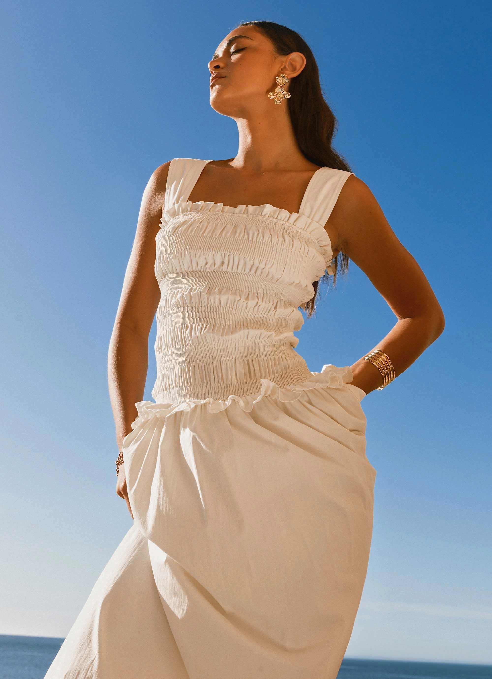 Deana Shirred Maxi Dress - White Regular-fit Belted-Style