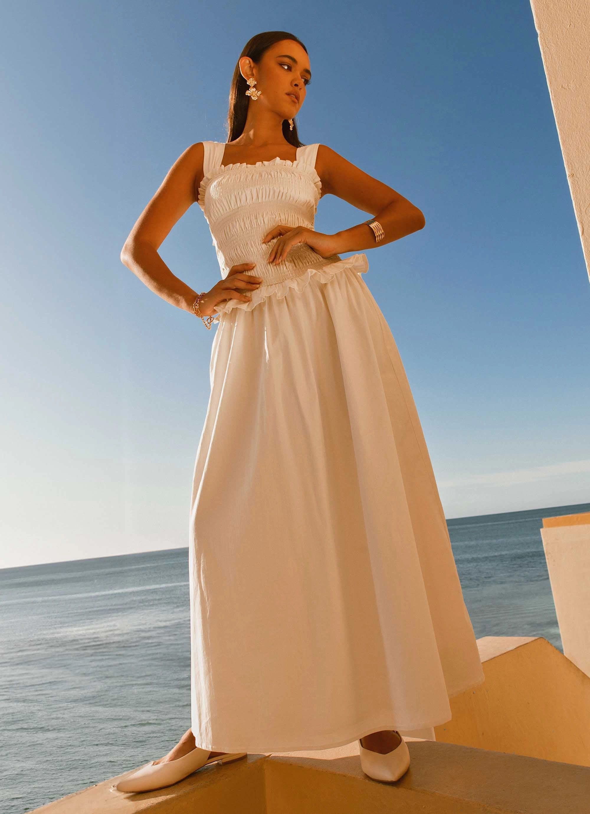 Deana Shirred Maxi Dress - White Lazy Pick