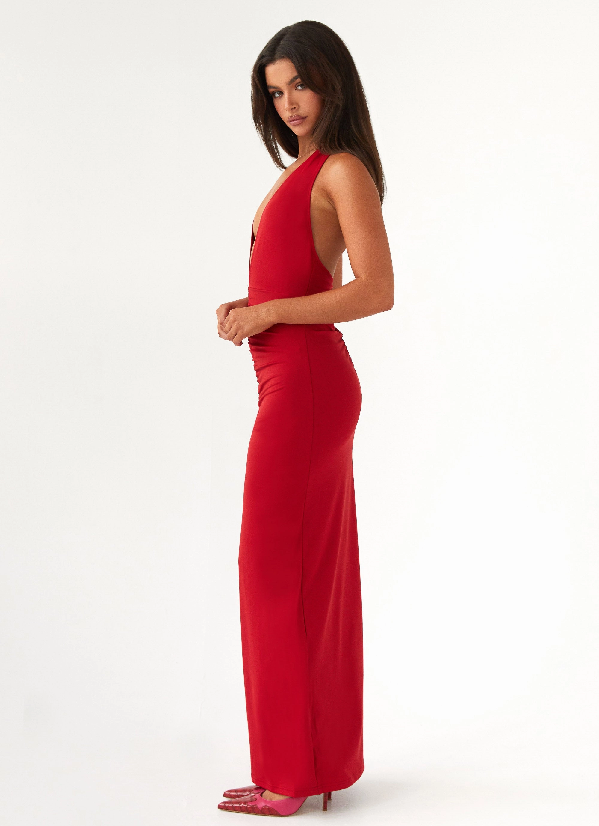 Whisked Away Halterneck Maxi Dress - Red Empire-Waist