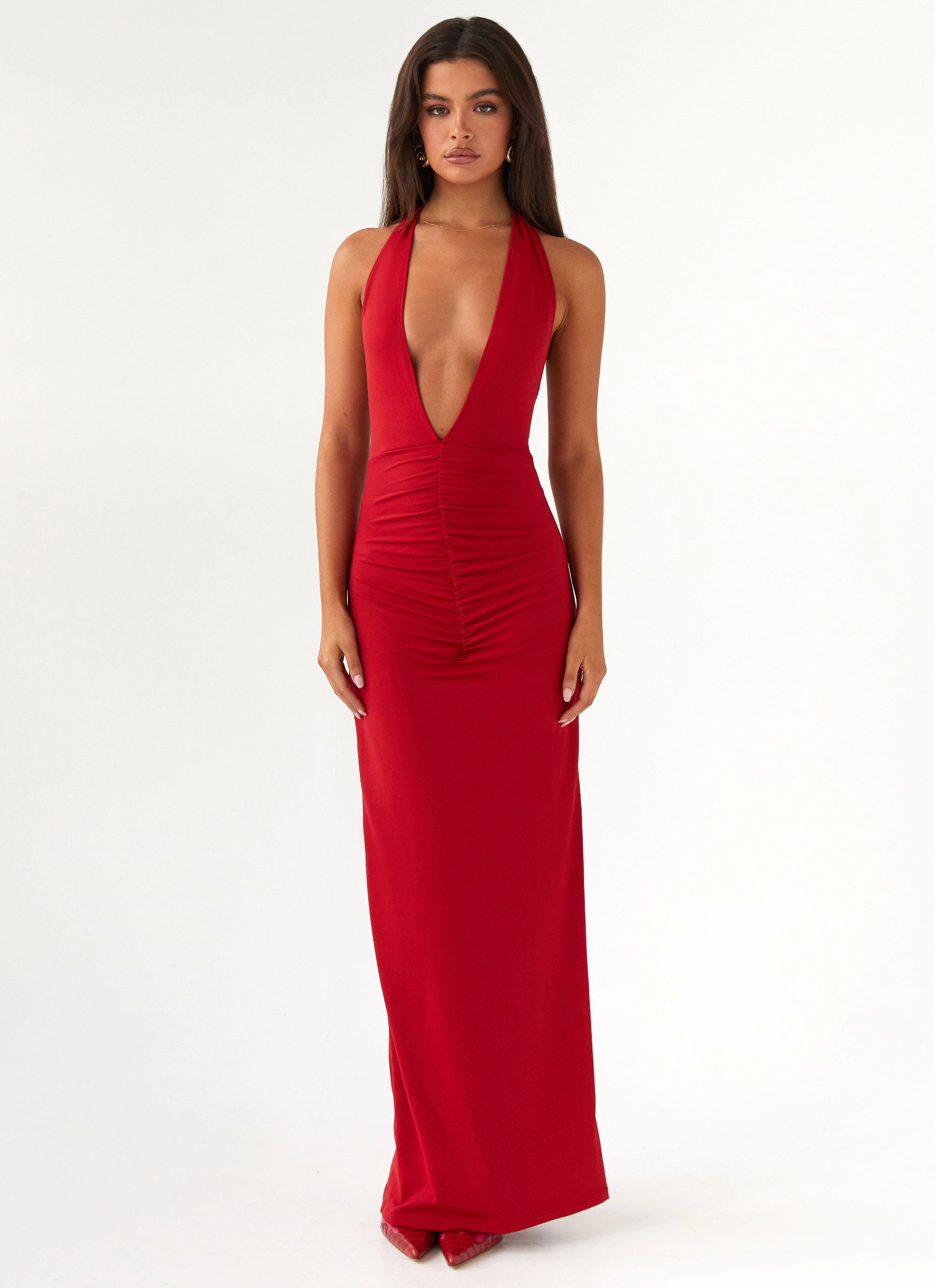 Chain-Detail Soft Touch Whisked Away Halterneck Maxi Dress - Red