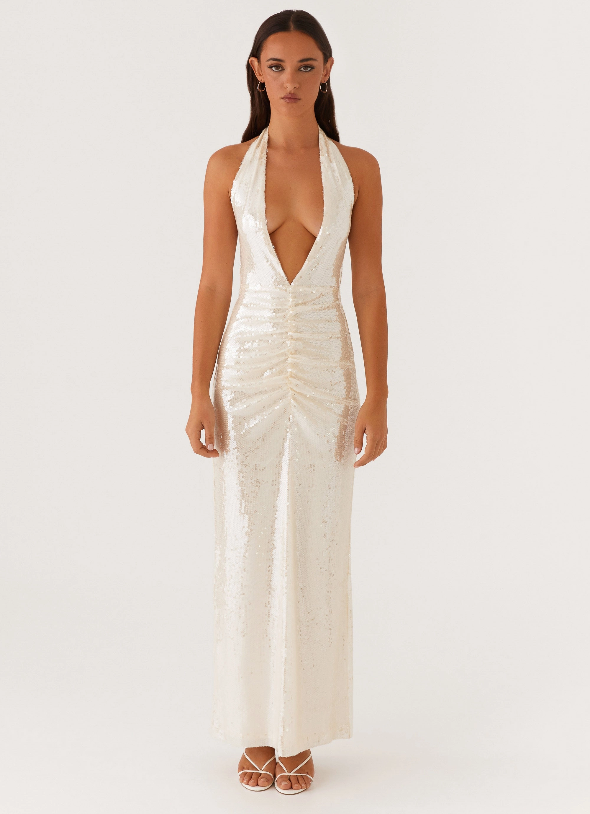 Calm Silhouette AntiStaticMaterial Whisked Away Halterneck Maxi Dress - White